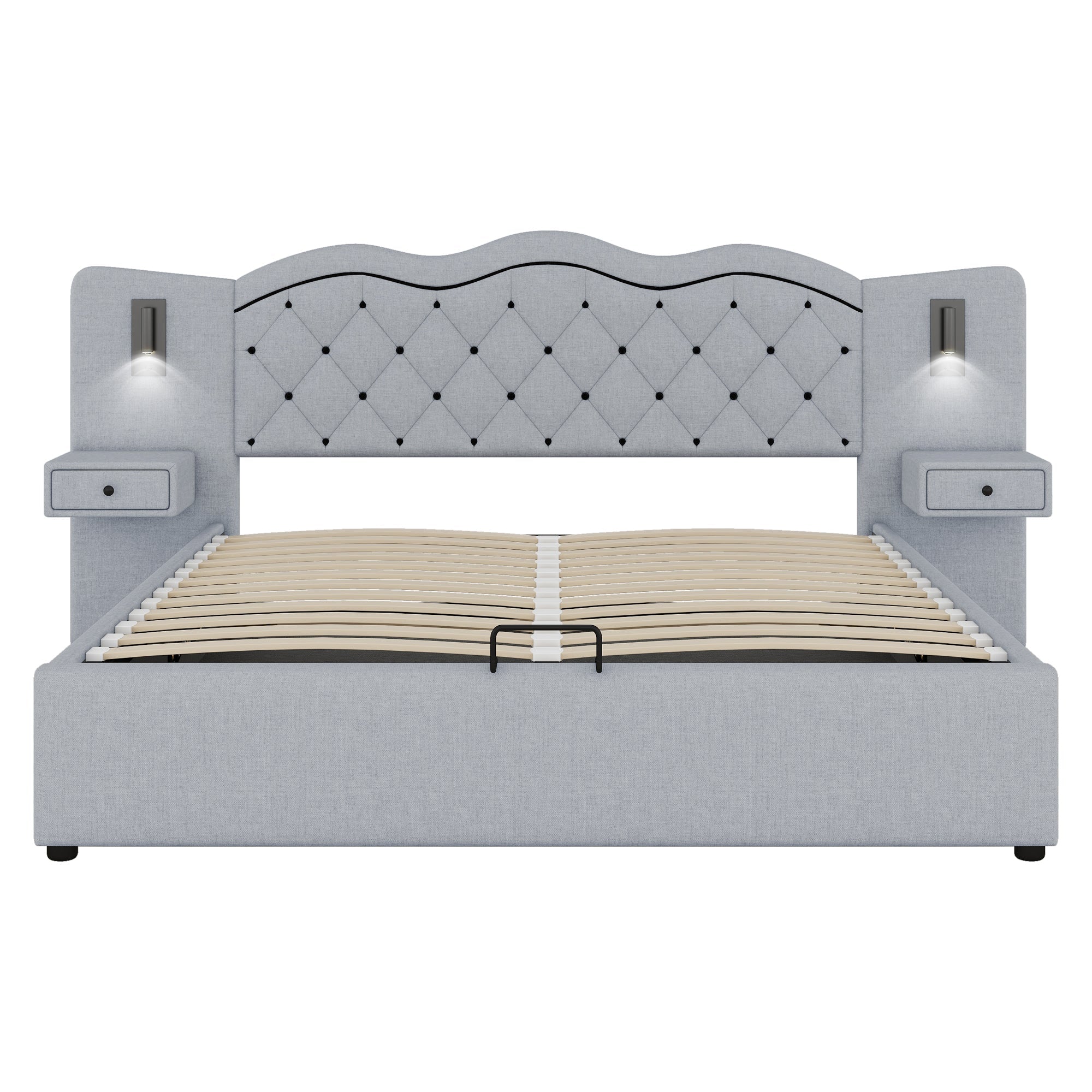 Upholstered Flat Bed with Hydraulic Lifting Mechanism, USB Ports and Storage, Grey