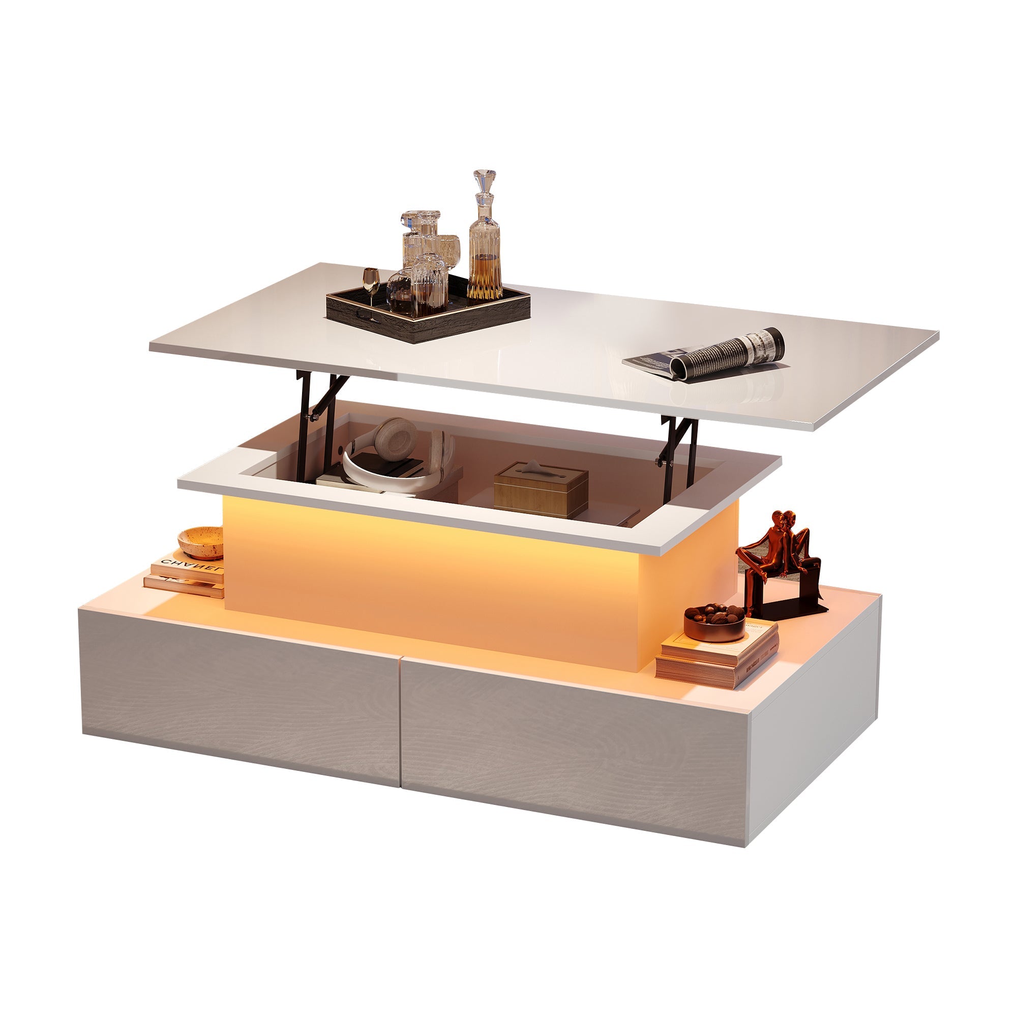 Coffee Table with LED Lighting and 4 Drawers, 90x55x41 cm, White High-Gloss