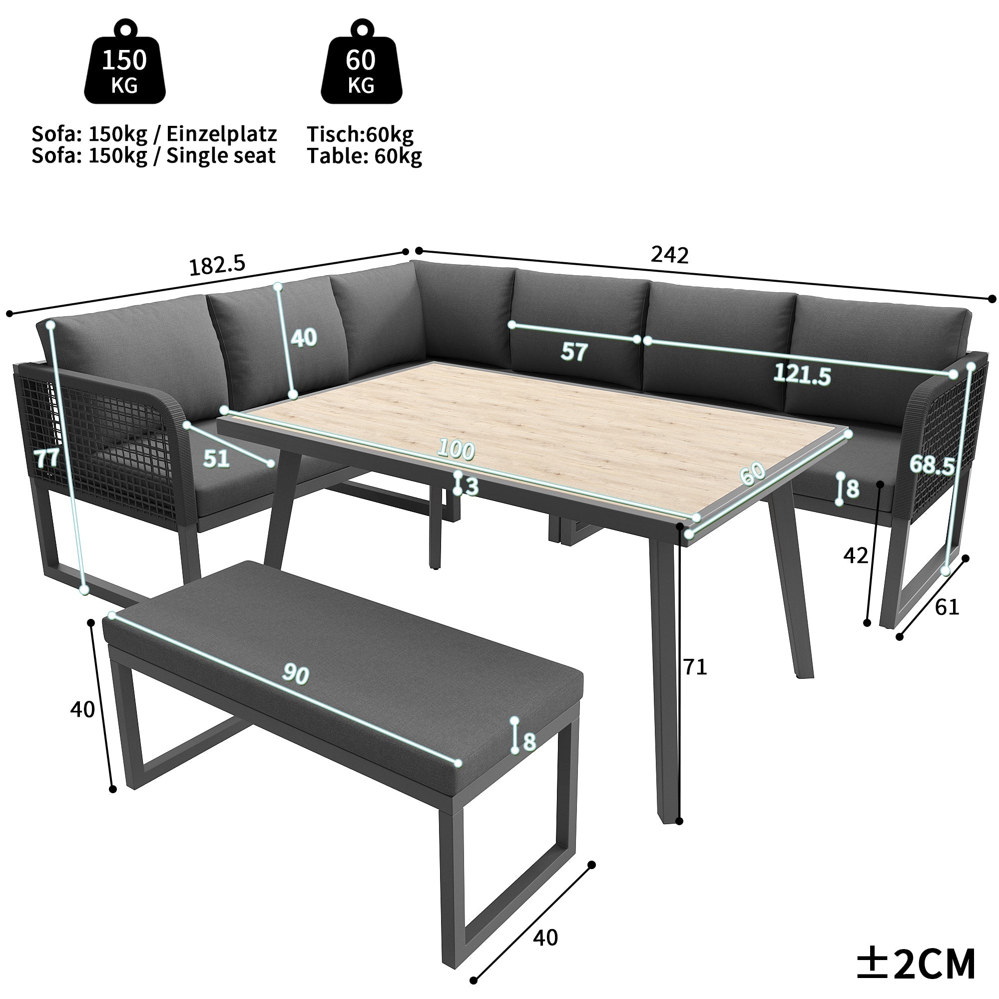 Patio Sofa Set 6-8 Seater Hand-Woven Rattan with Cushions - Grey