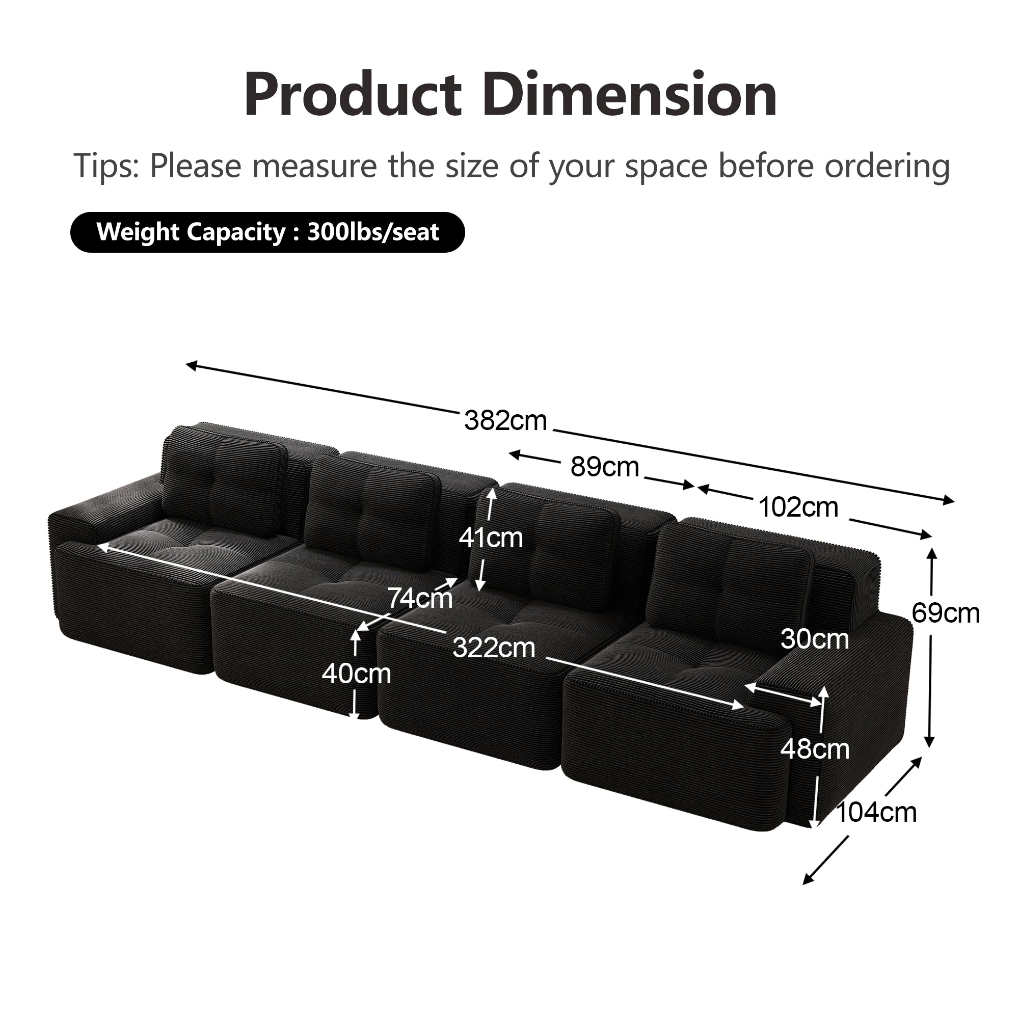 Modular Cloud Sofa 4-Seater Deep Seat Corduroy - Black