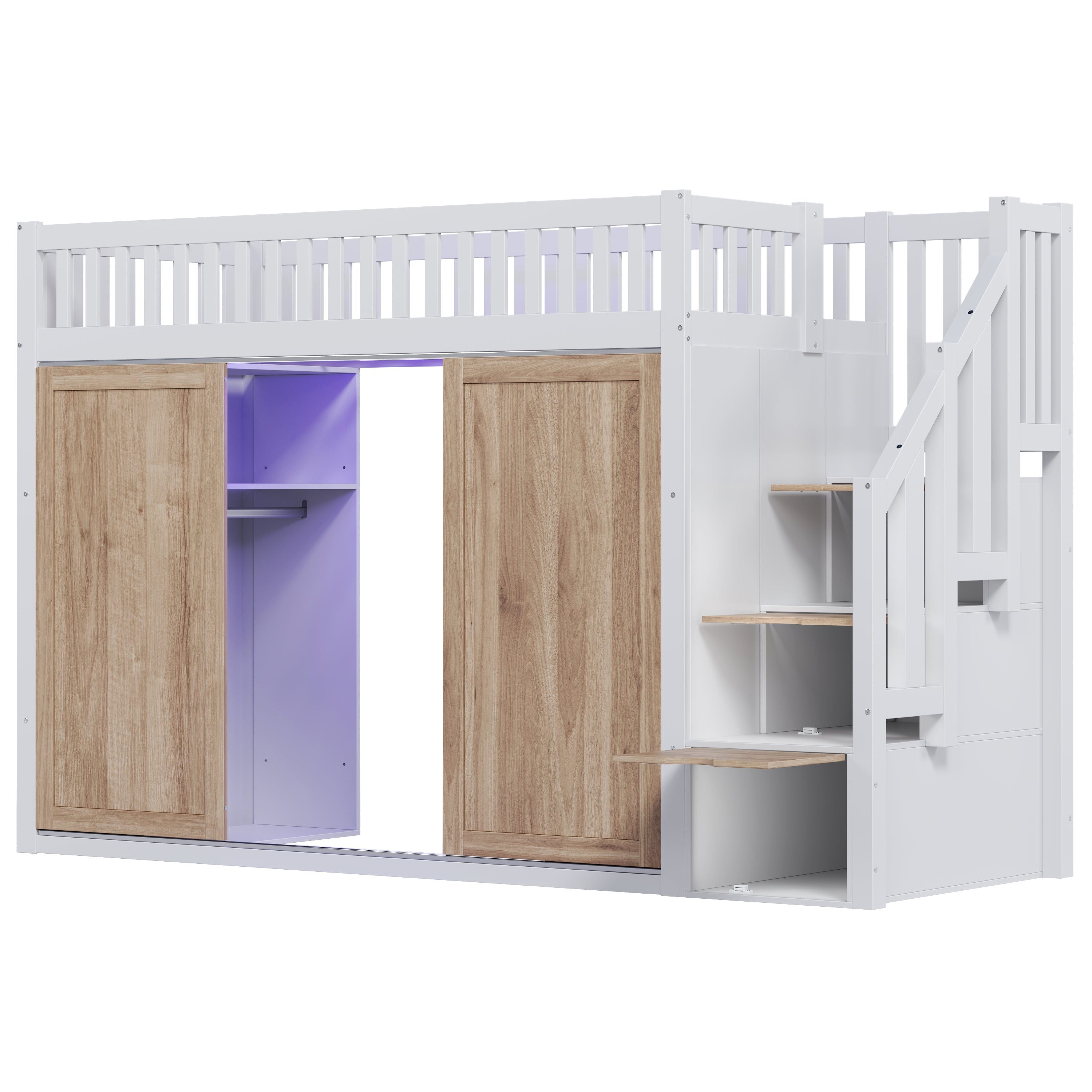 Children's Bunk Bed (90x200 cm) Multifunctional with Wardrobe Staircase LED Strip - White and Oak