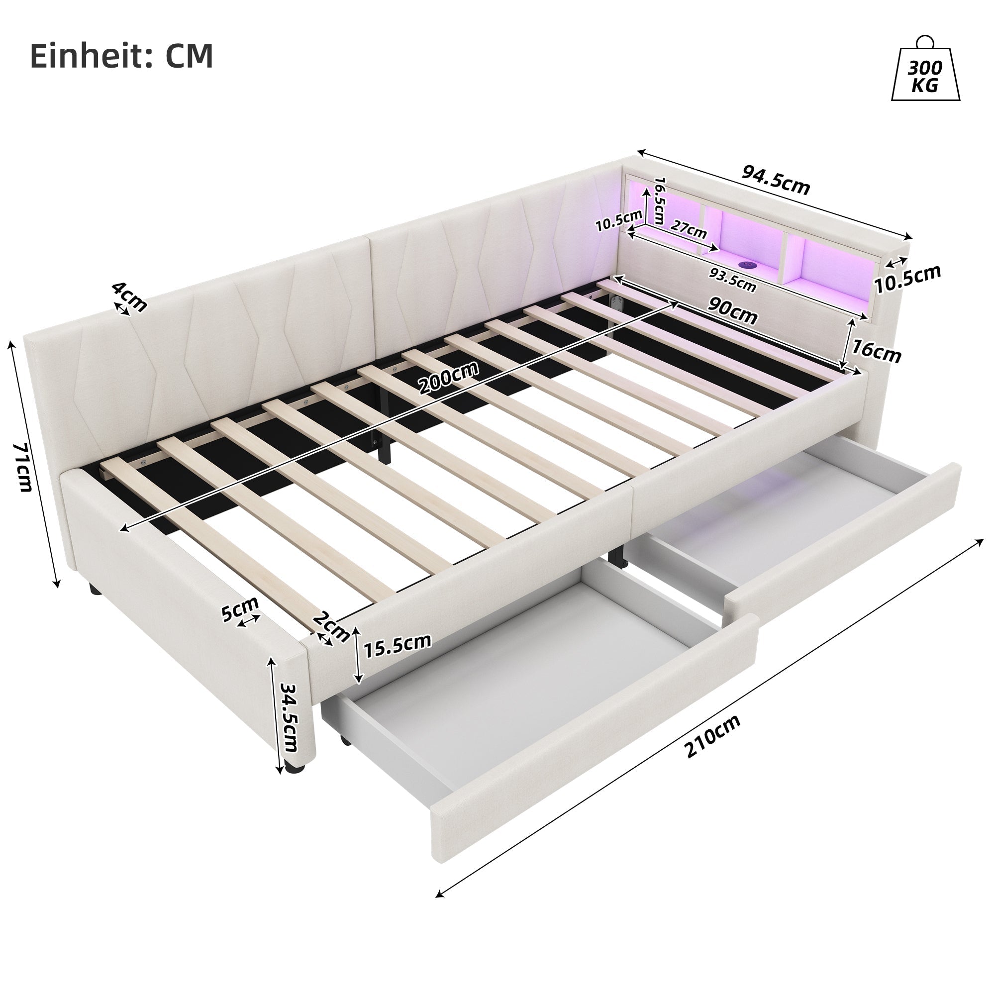 Daybed Sofa Bed 90x200cm Storage USB/Type-C LED Light 2 Drawers - Linen Beige