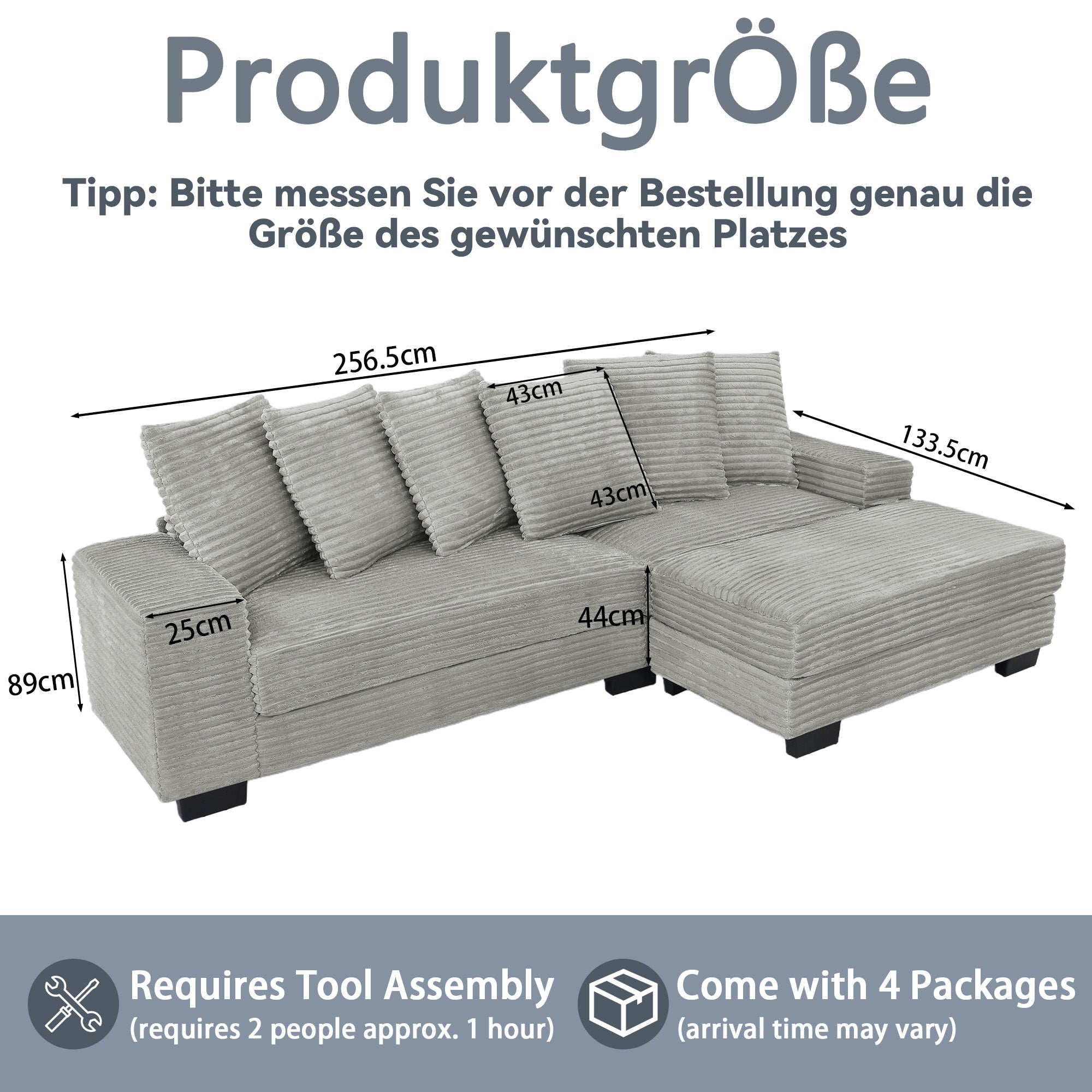 L-shaped Corner Sofa 4-Seater Modular Corduroy with 6 Cushions - Gray