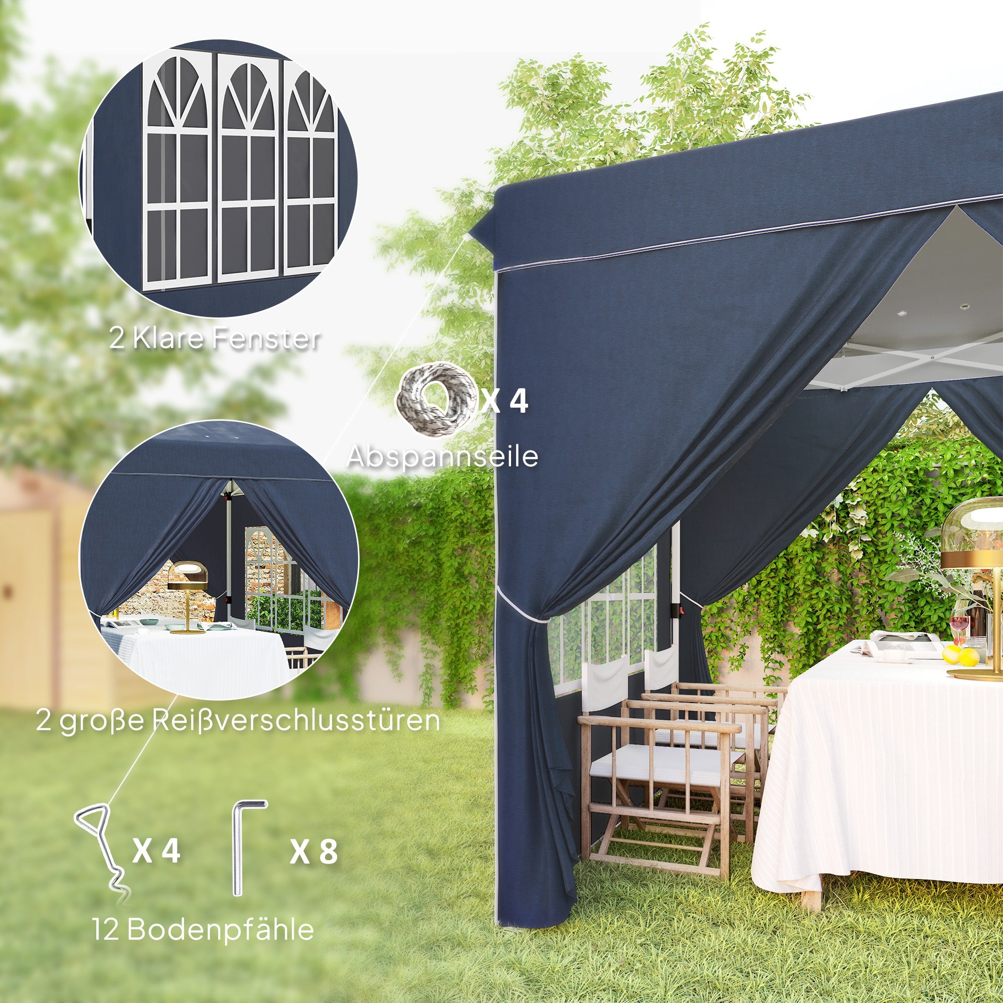Pavilion Pop-up Folding 2.5x2.5m Water-Repellent UV 50+ with 4 Side Panels, Dark Blue
