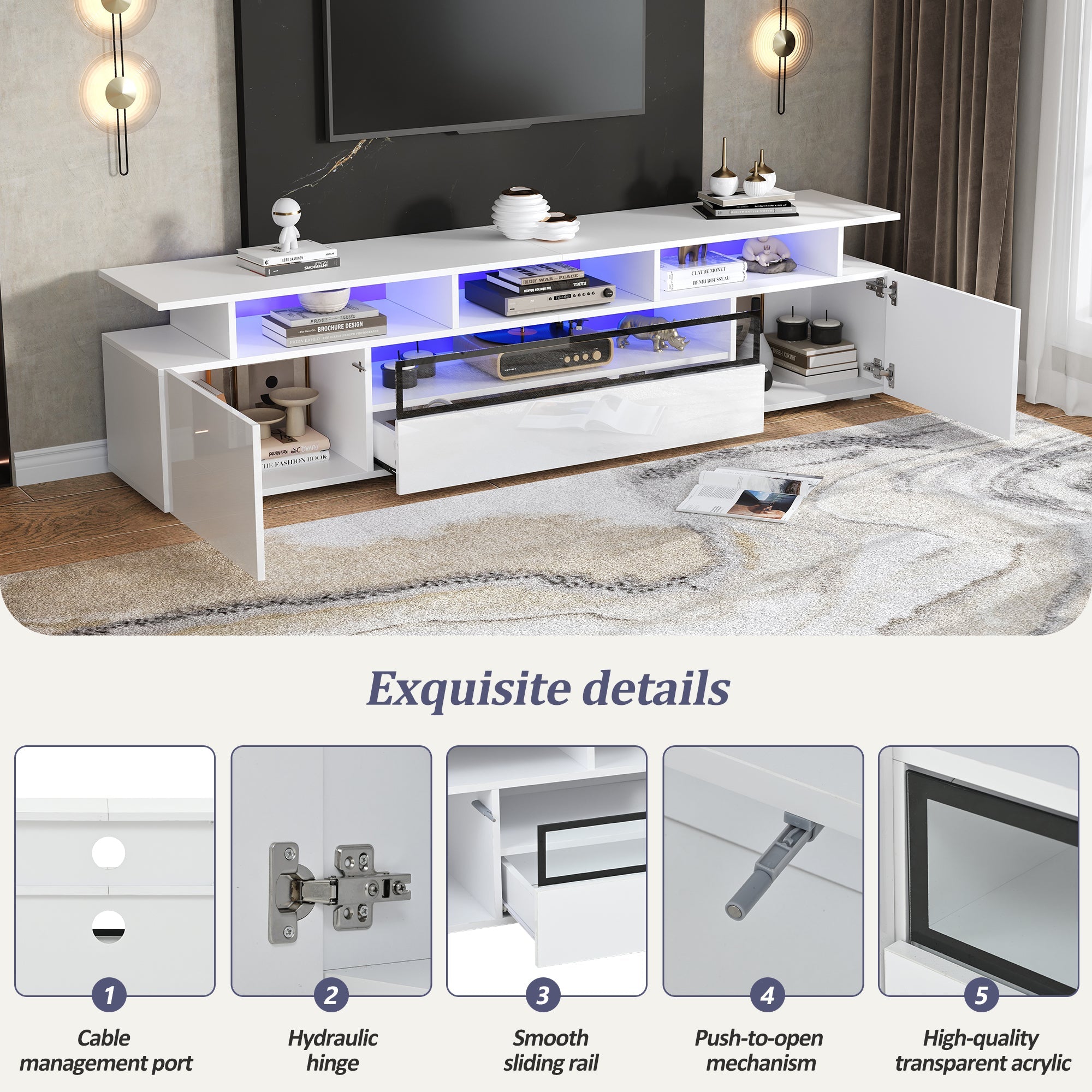 TV Cabinet, 180x38x45cm High-Gloss with 2 Cabinets, 1 Drawer, LED, for 75-inch TVs