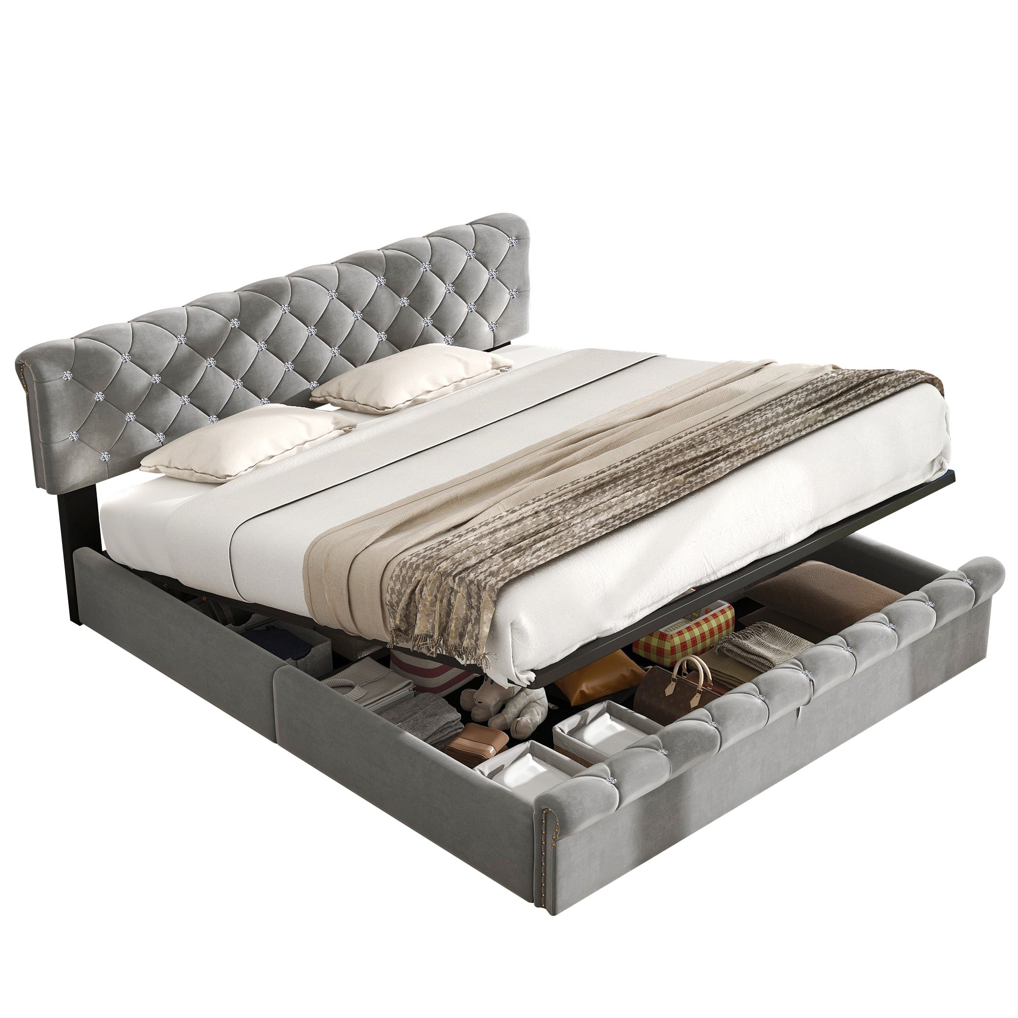 Upholstered Bed 180x200cm, Adjustable Headboard, Slatted Frame, Velvet Grey