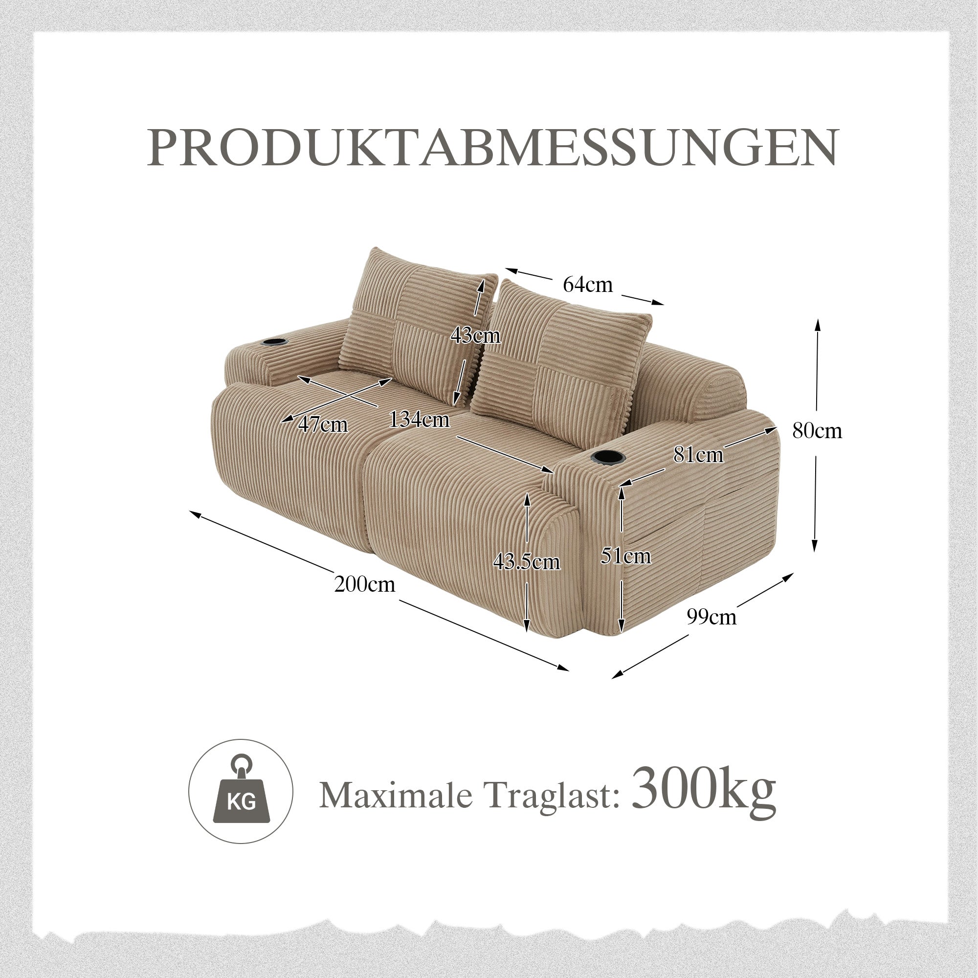 Modular 2-Seater Sofa with Cup Holder and Storage Pocket, Khaki Corduroy