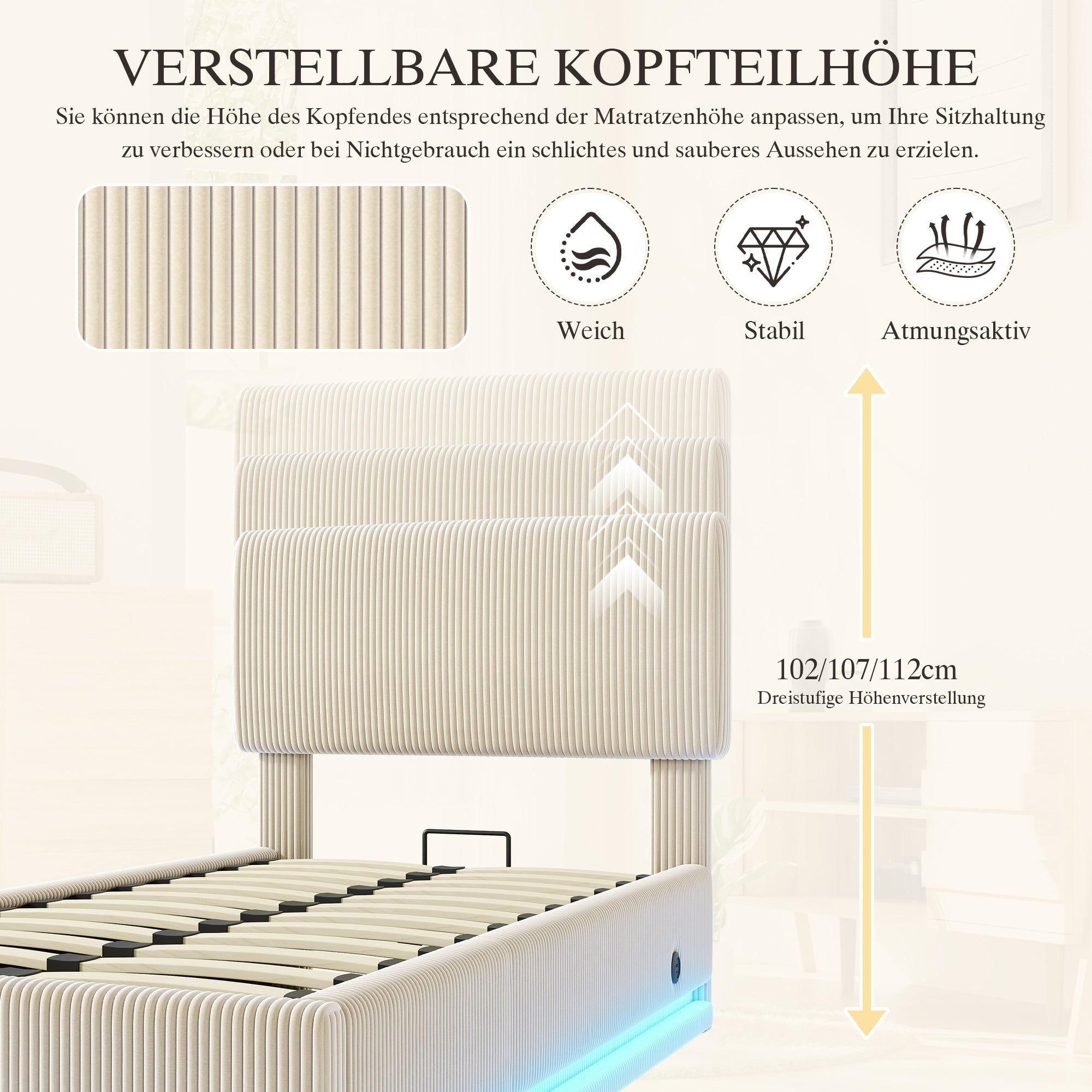 Modern Upholstered Bed with LED Lighting, USB-C and Storage, 90*200 Beige Corduroy