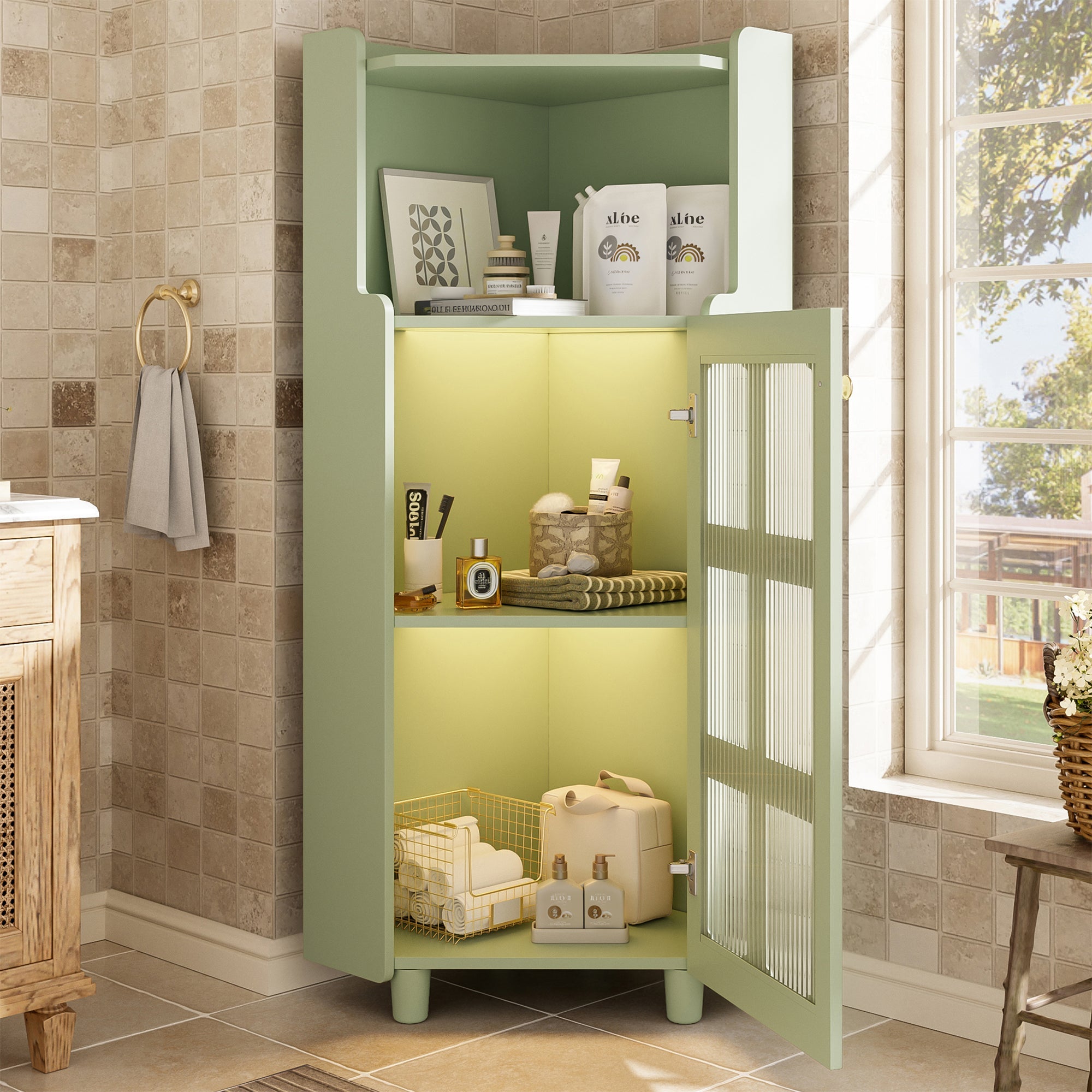 Corner Cabinet LED App Control Lacquered Finish 63.5x124cm - Green