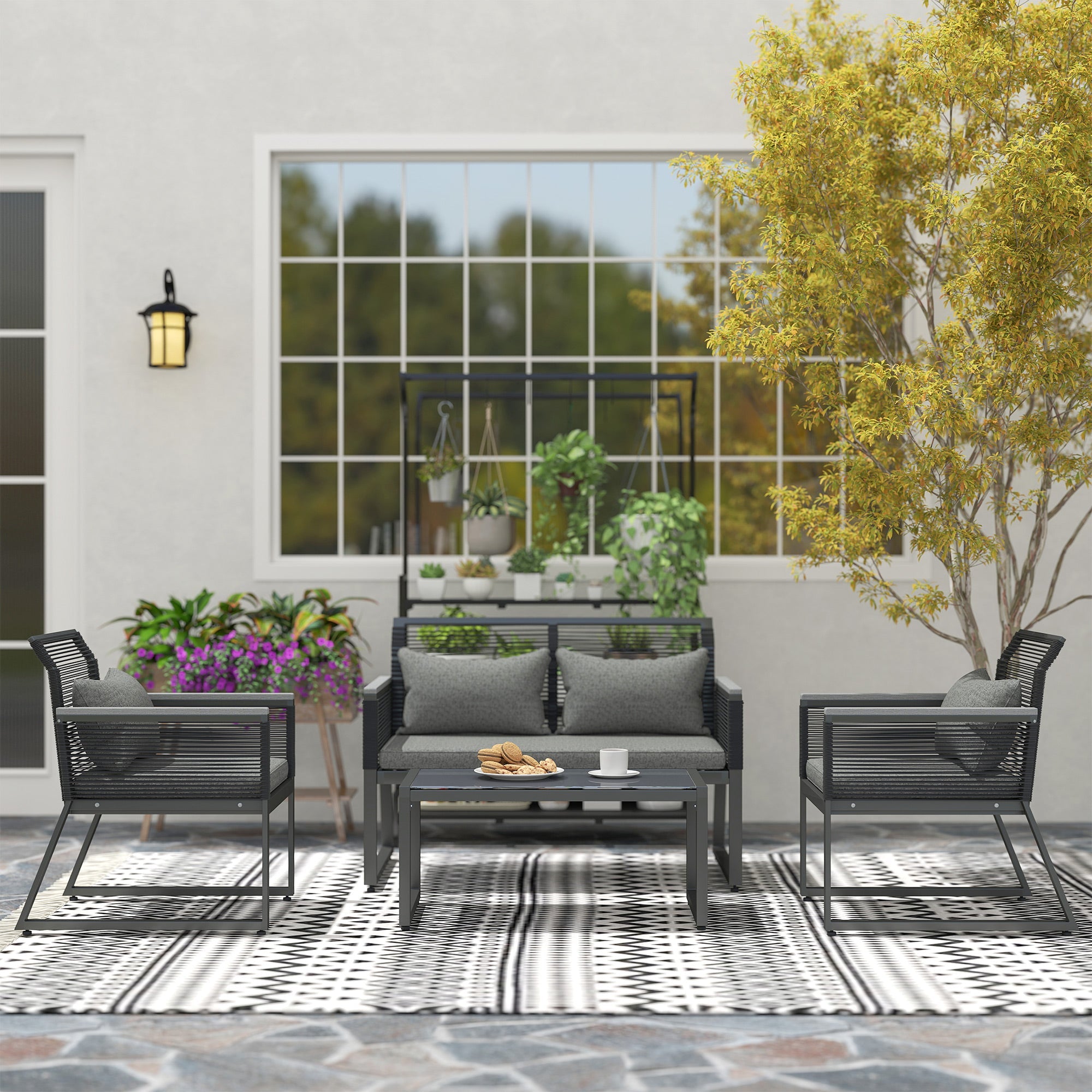 4 Pieces Garden Furniture Set, Rattan, Charcoal Grey