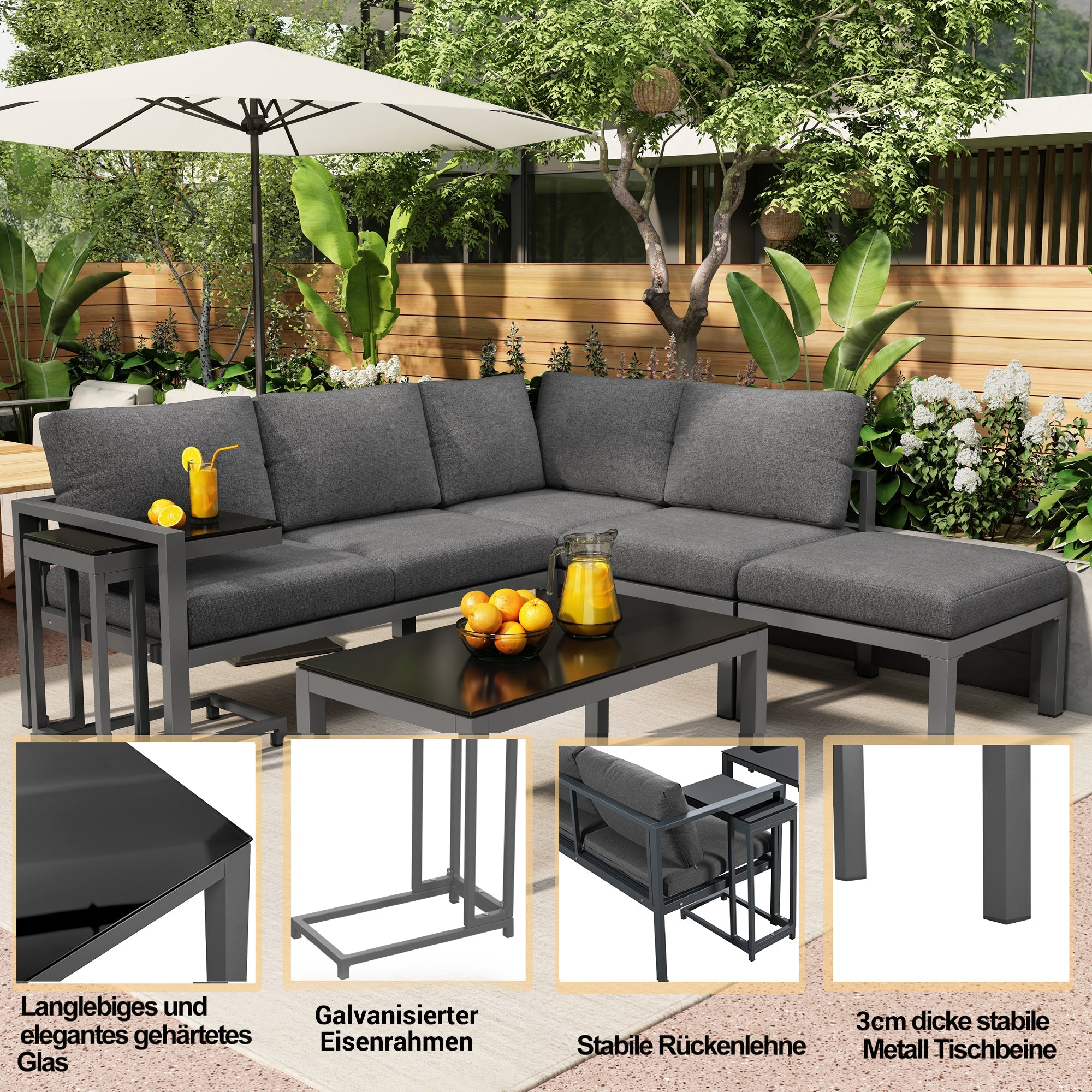Garden Lounge Set Corner Chairs 4-5 Seater Side & Coffee Table 5-Piece - Grey