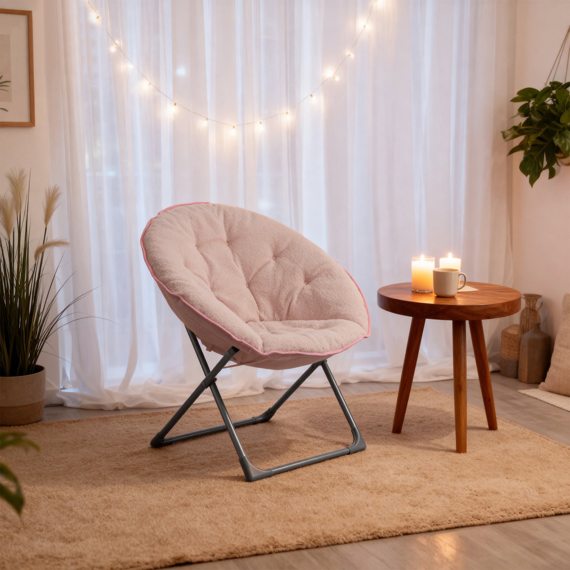 Folding Moon Chair Soft Sheep's Wool Portable - Pink