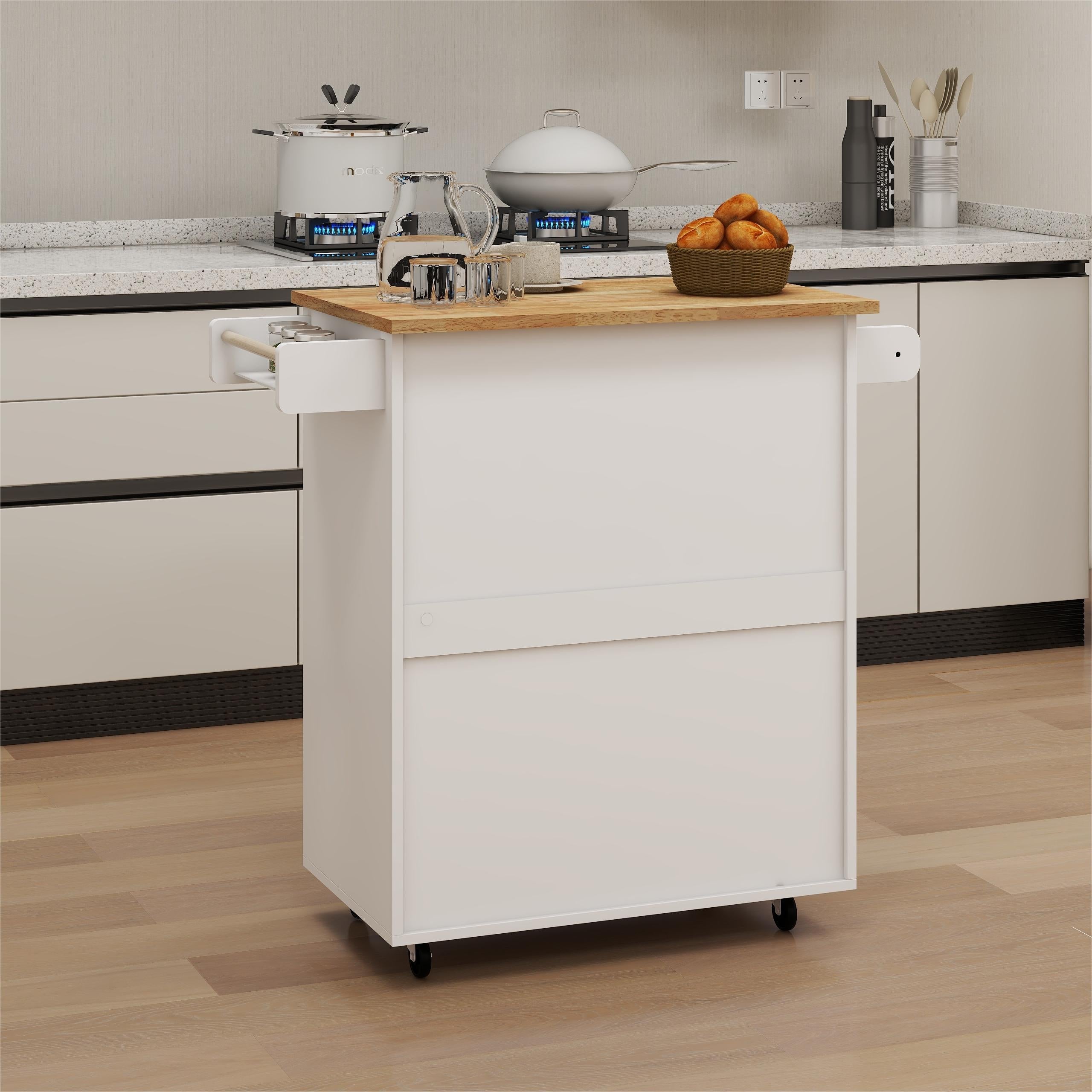 Kitchen Island Trolley Cart with Adjustable Shelves, Towel/Seasoning Racks - Rubber Wood, White