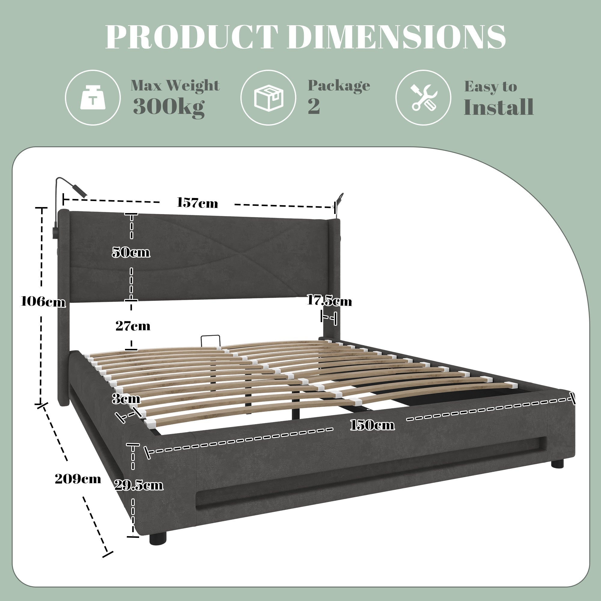 Modern Bed Frame, Reading Lamps, LED, Hydraulic Storage, USB/Type-C Ports, 150x200cm, Dark Gray