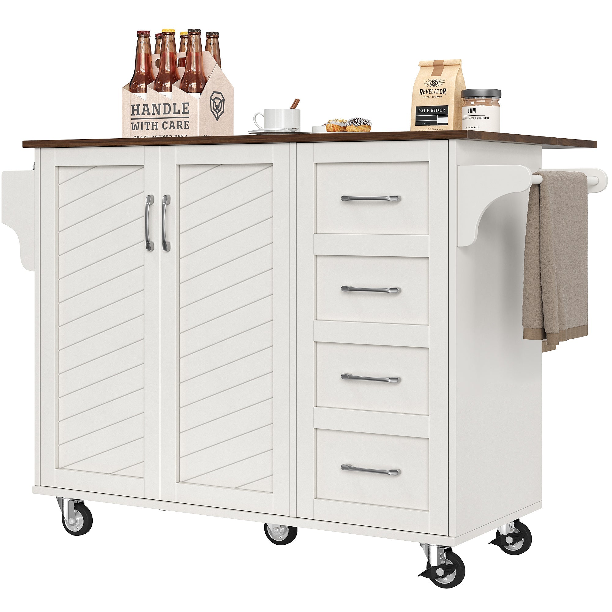Kitchen Cart with Towel Rail, Spice Rack, Adjustable Dividers, White Wood Grain