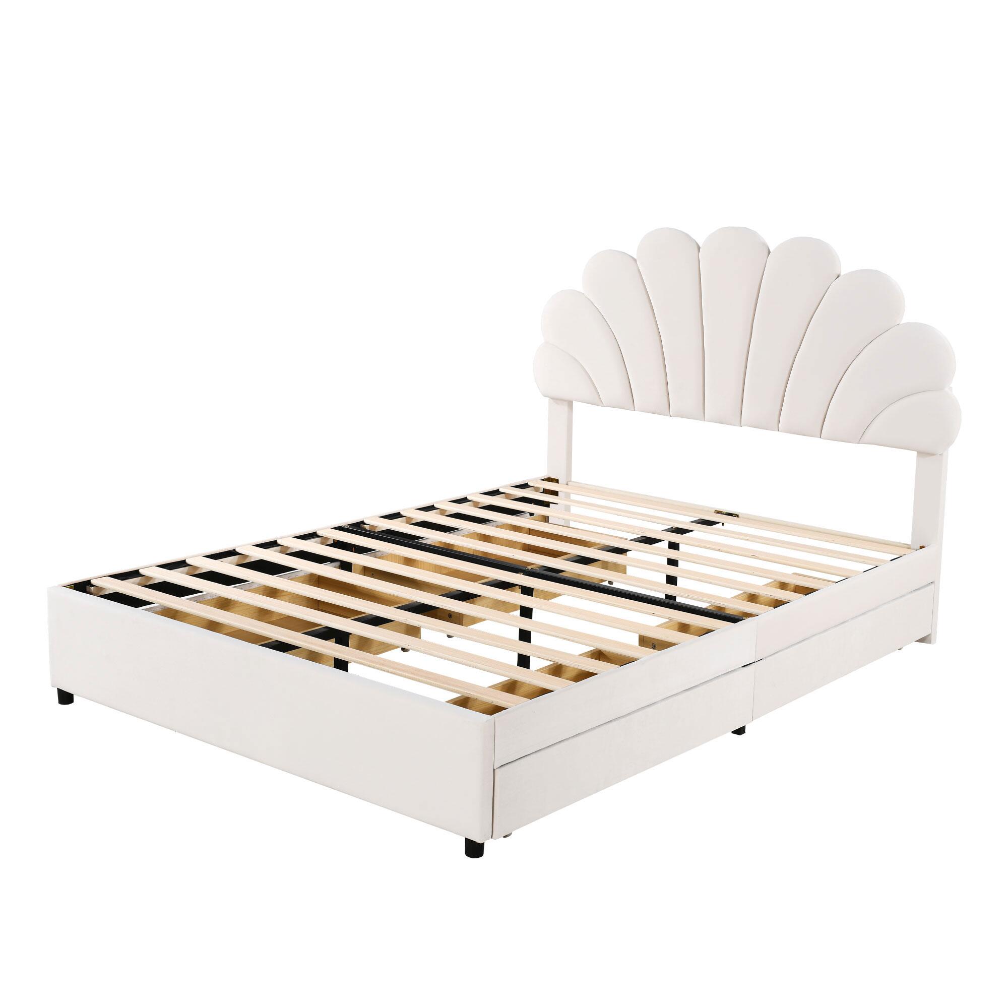 Upholstered Bed, 140x200cm Flower Headboard, Storage, Velvet Beige