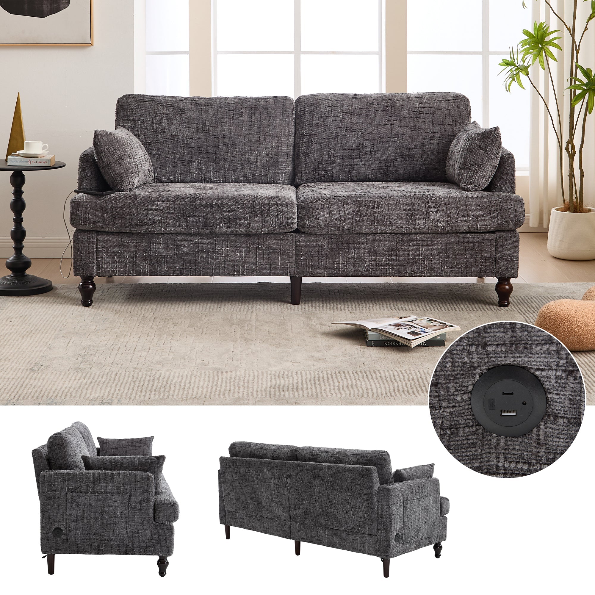 Sofa, 2-Seater with LED, USB, Storage, Chenille