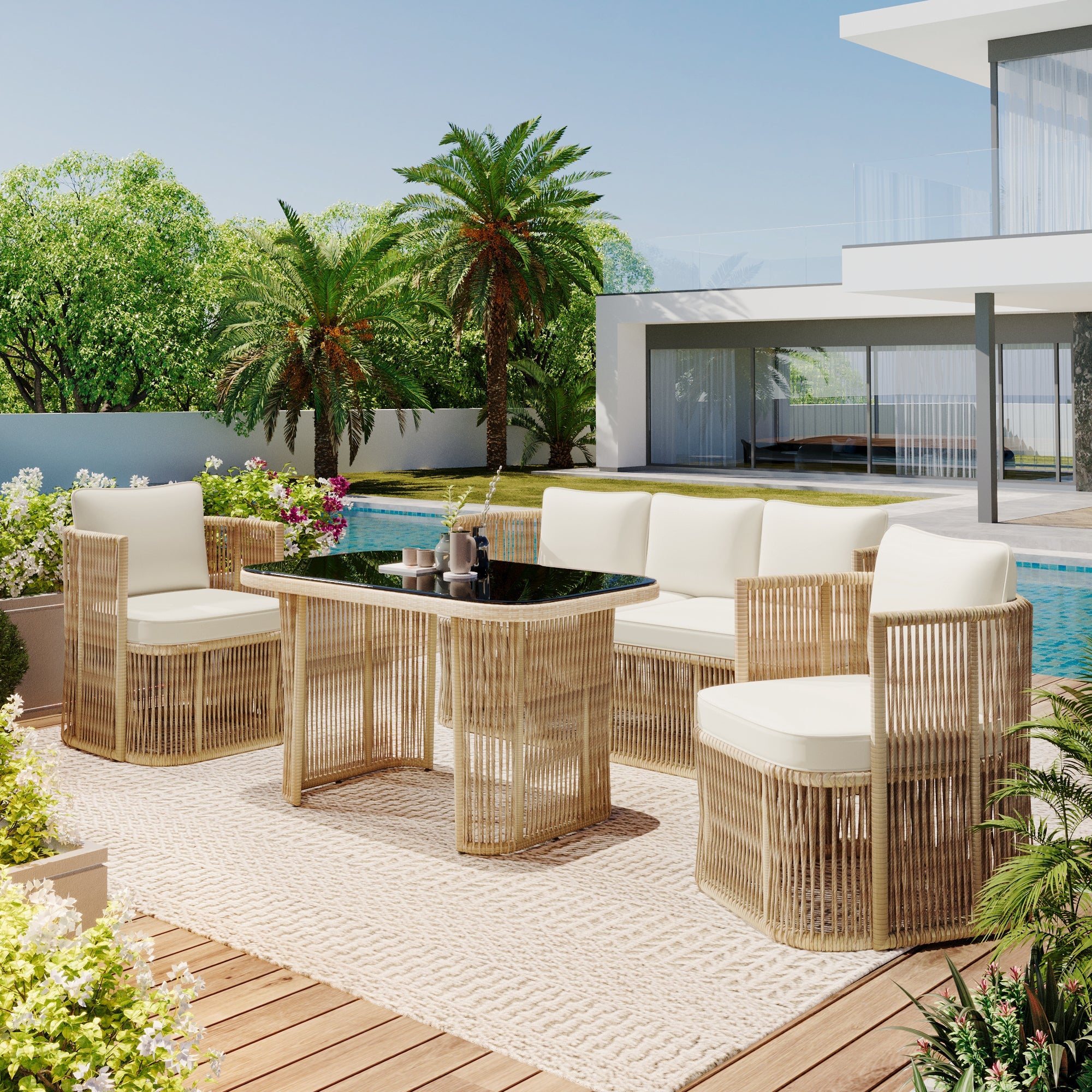 4-Piece Garden Furniture Set with 3-Seater Sofa, 2 Armchairs and Glass Table, PE Rattan and Steel