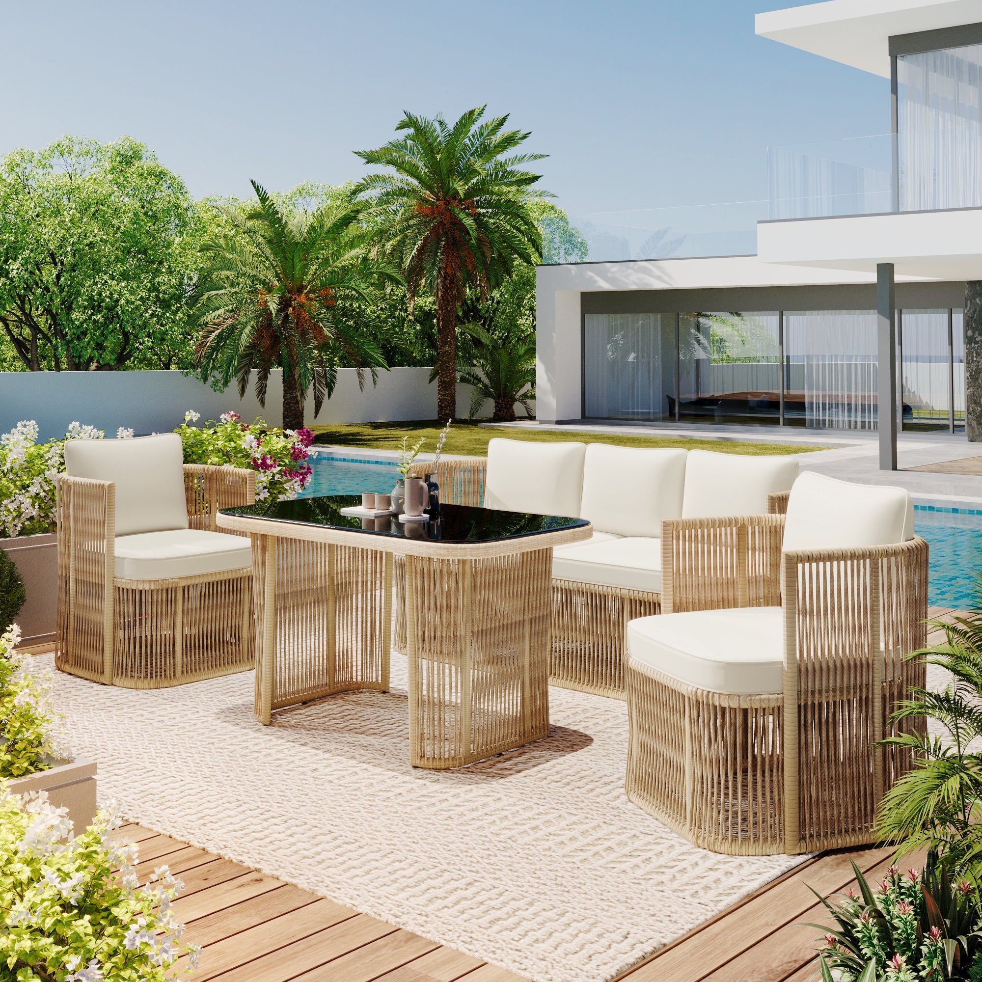 4-Piece Garden Furniture Set with 3-Seater Sofa, 2 Armchairs and Glass Table, PE Rattan and Steel