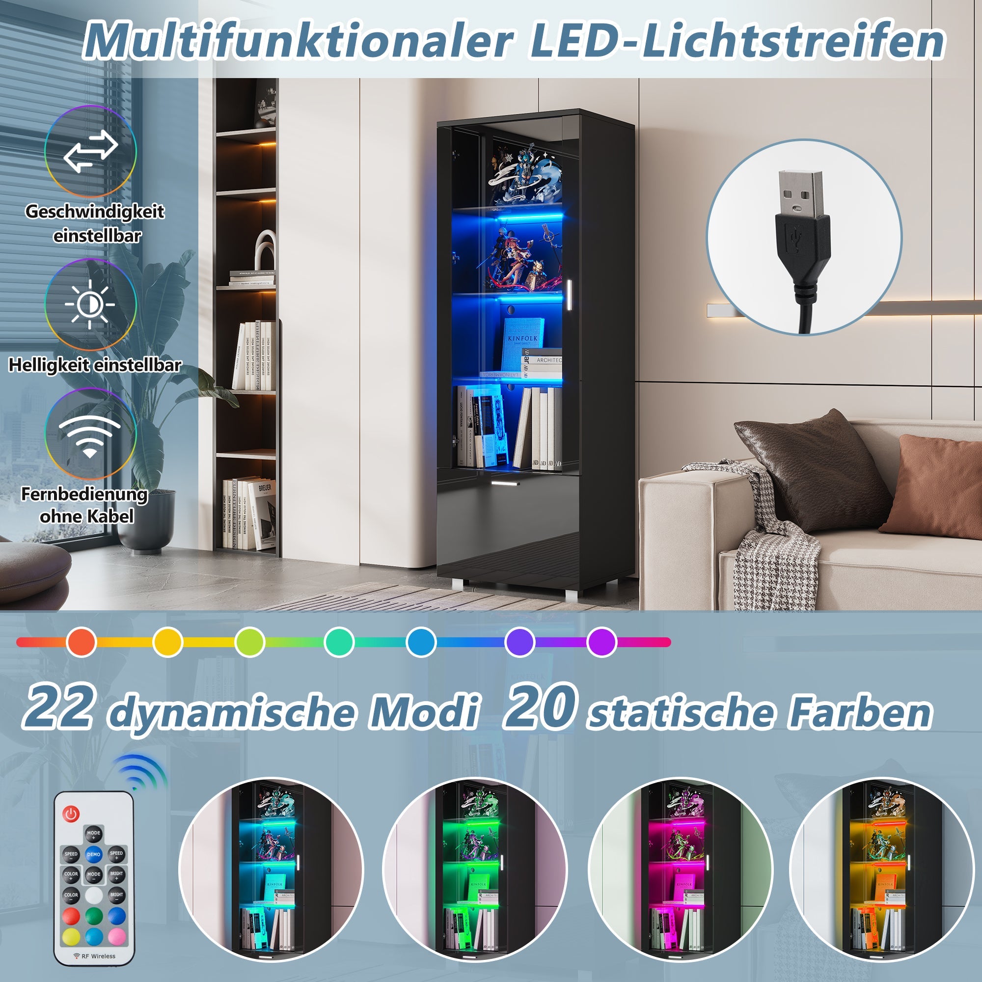 Display Cabinet, LED-Lit Glass with 3 Shelves for Collectibles, Black High-Gloss