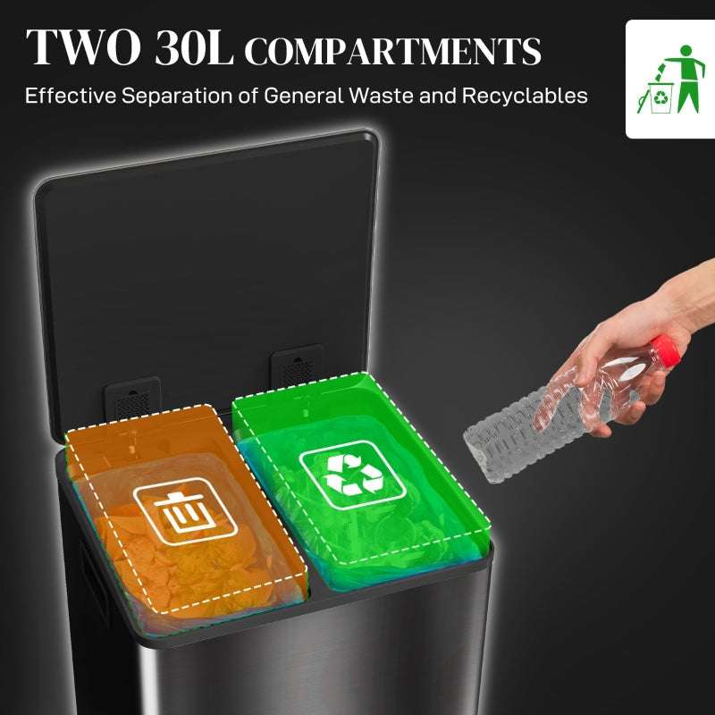 60L Dual Compartment Bin with Deodoriser Holders, Stainless Steel Black
