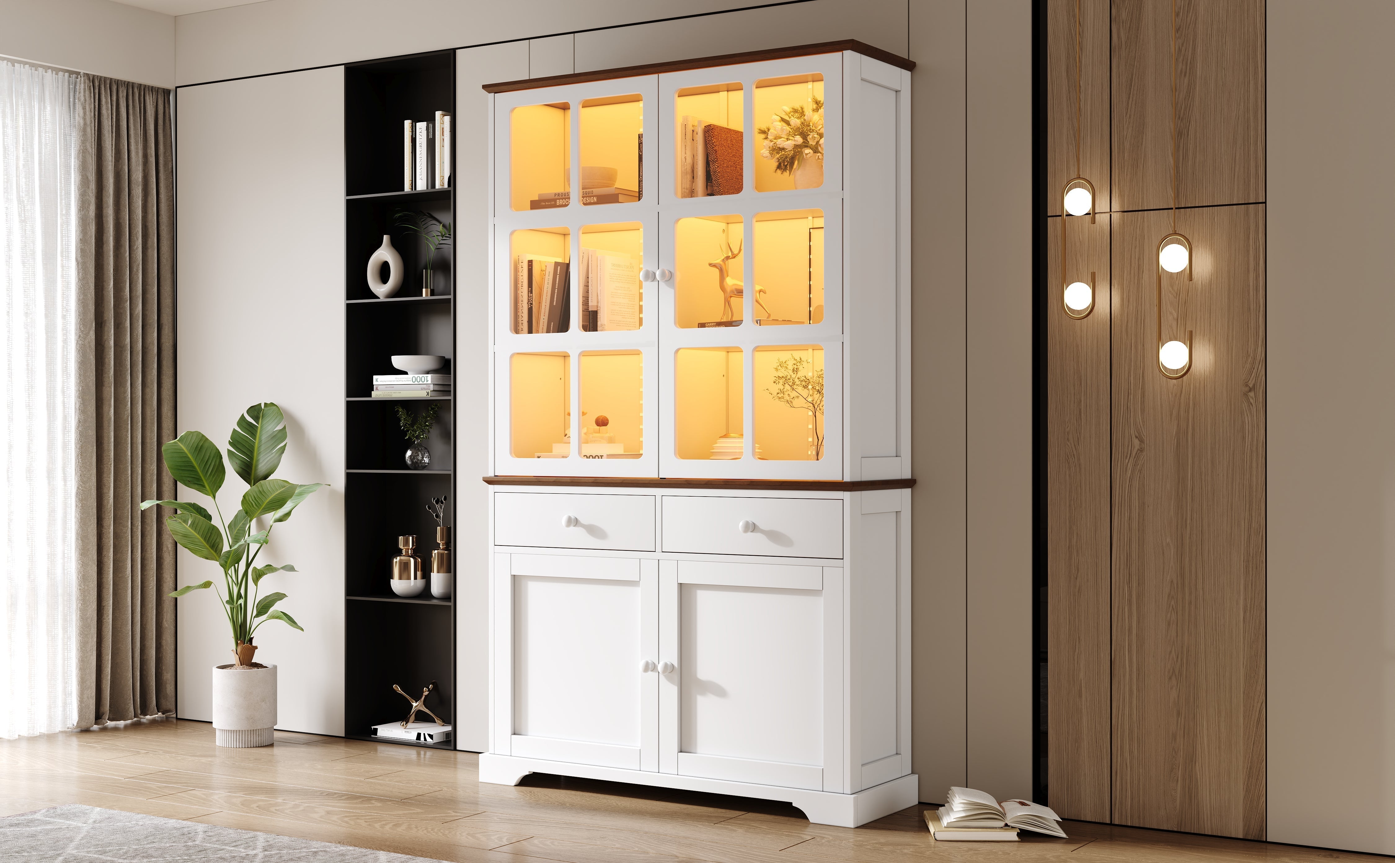 Tall Display Cabinet Glass Doors 2 Drawers LED Lighting White
