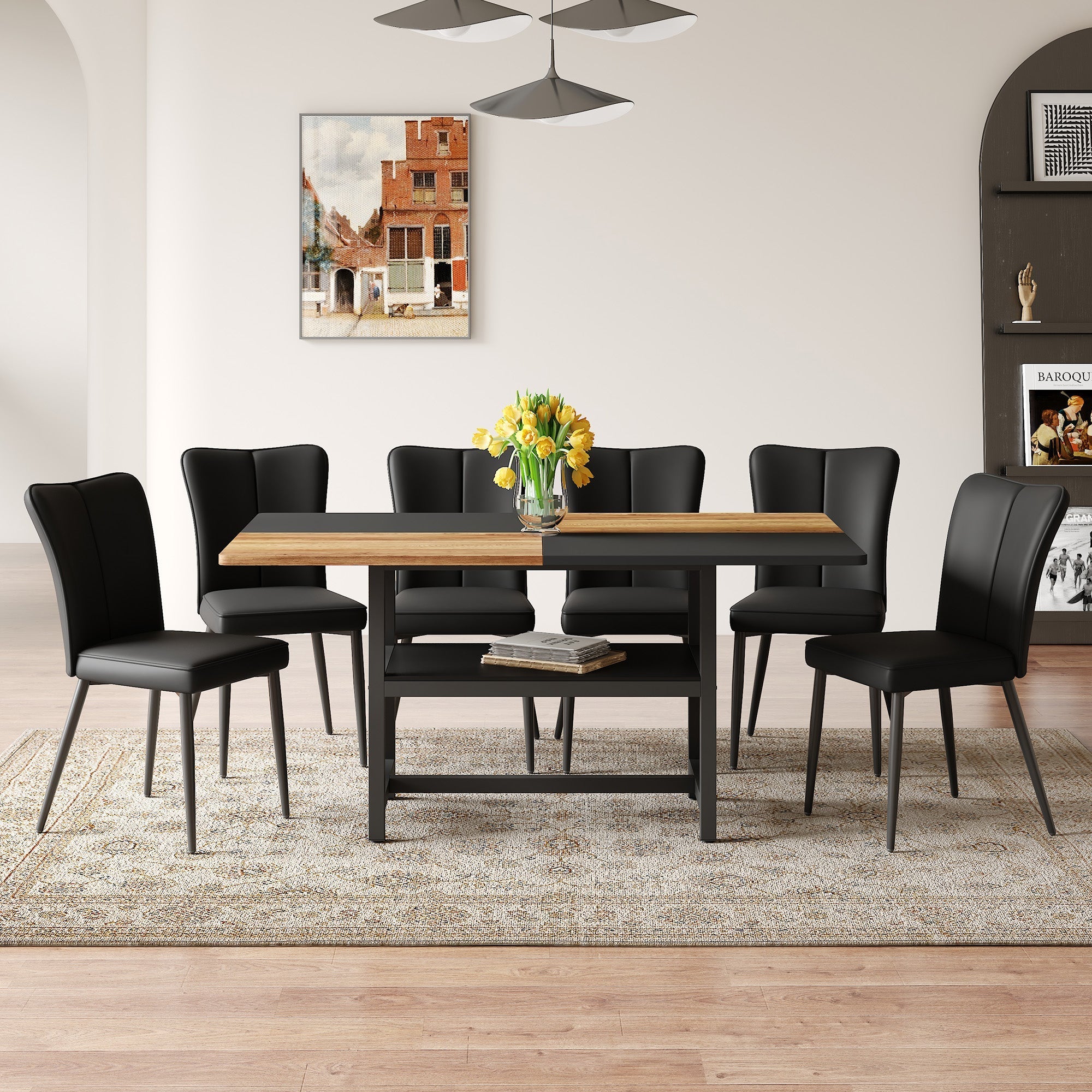 Rectangular Dining Table Set 160 cm with Storage & 6 Modern PU Chairs Black
