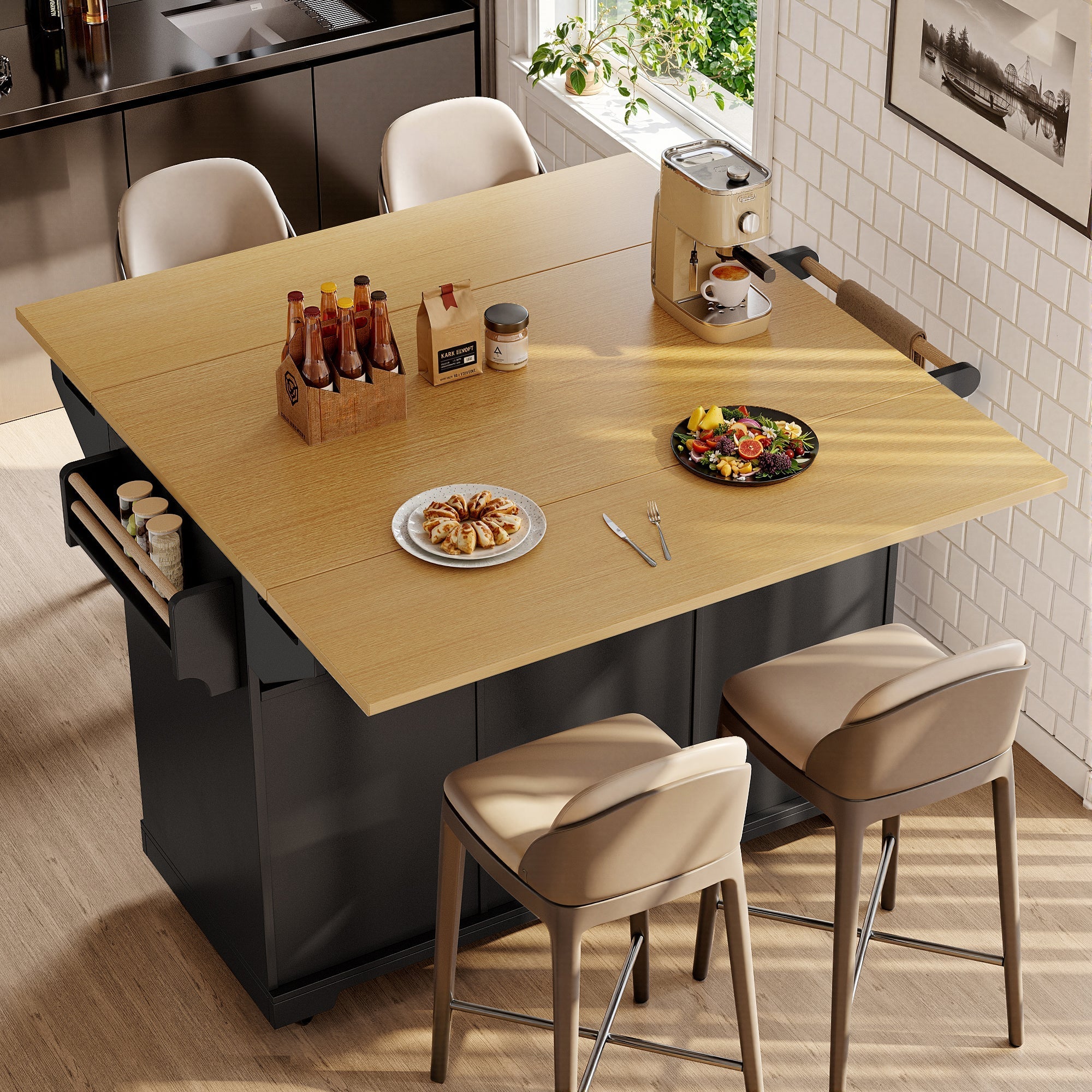 Kitchen Island Sideboard 120cm Extendable Trolley Towel Rail Spice Rack 2 Doors 3 Drawers Black/White