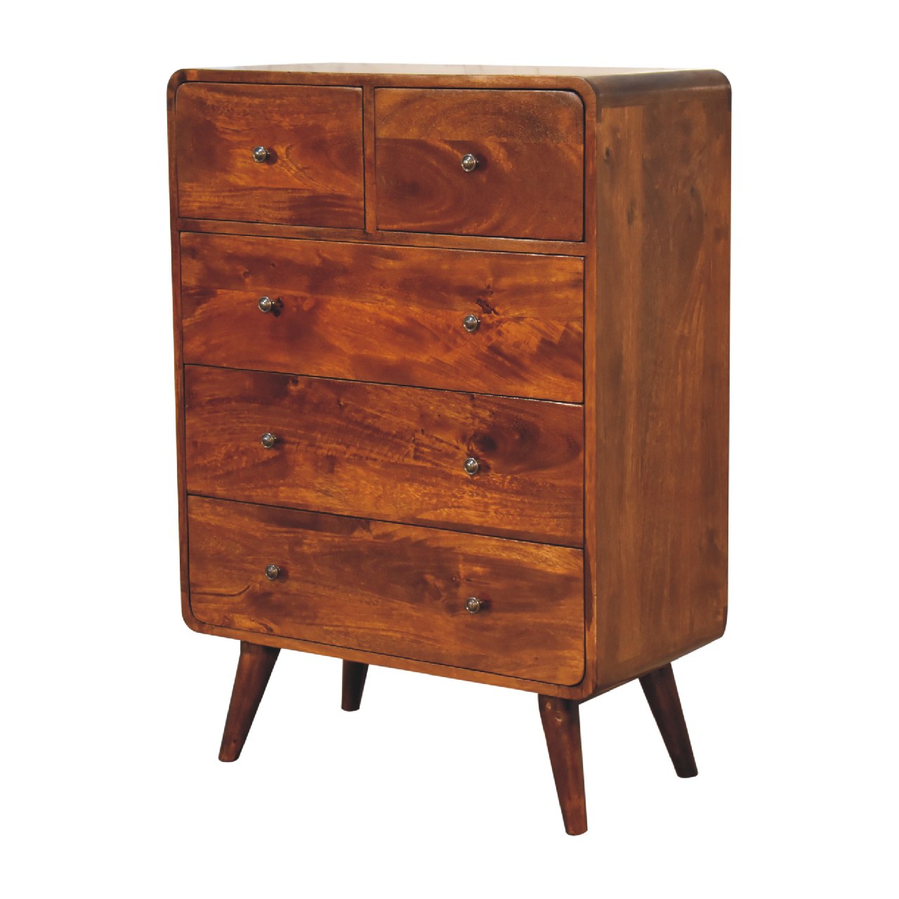 Solid Wood 2 over 3 Curved Chestnut Chest with Nordic Legs, Dark Brown