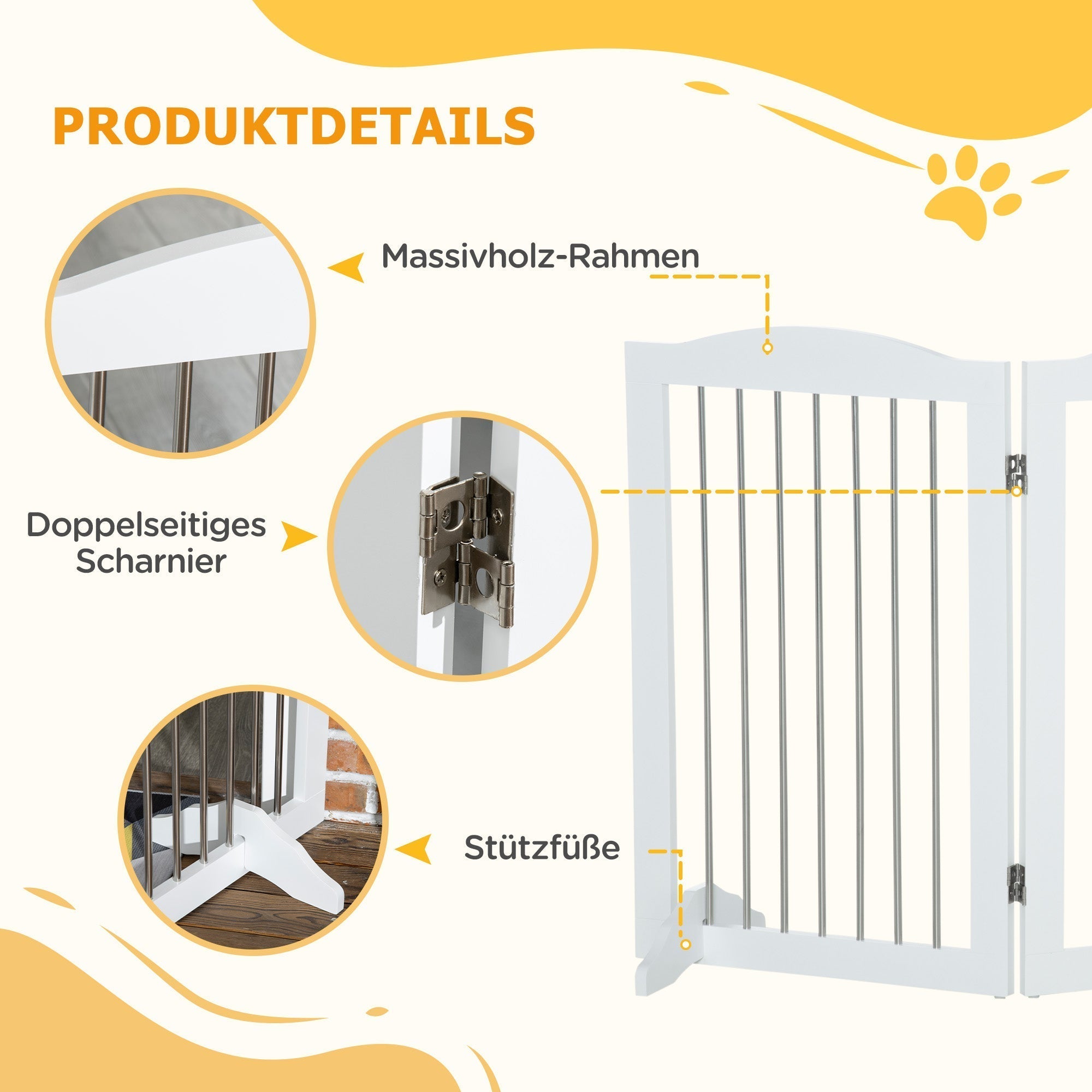 Dog Gate Foldable 3-Panel Stair Safety Barrier, White