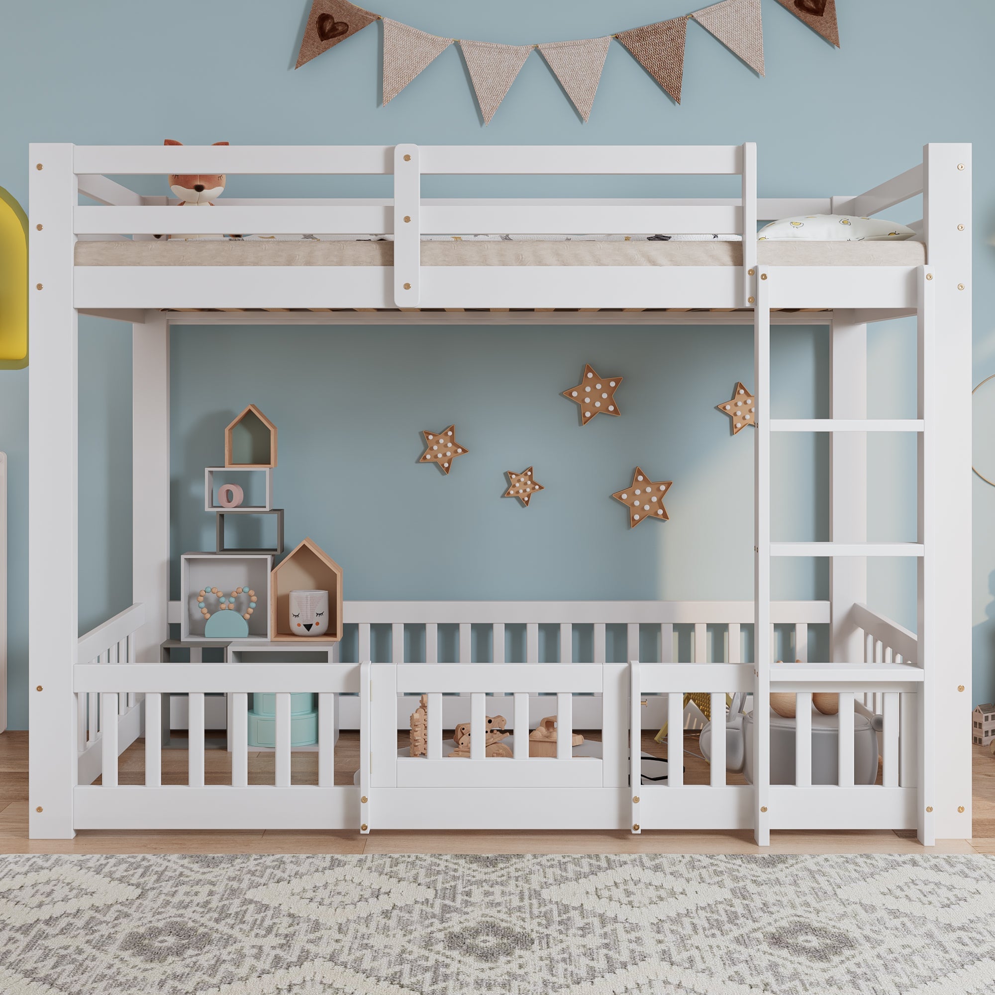 Bunk Bed, Wooden with Right-Angled Stairs, Railing, Fall Protection, White