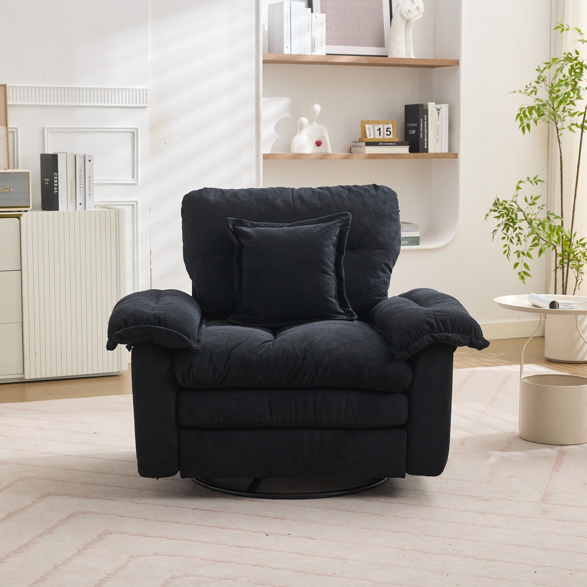 Oversized Chenille Armchair with 360° Swivel and Support Cushion, Light Gray