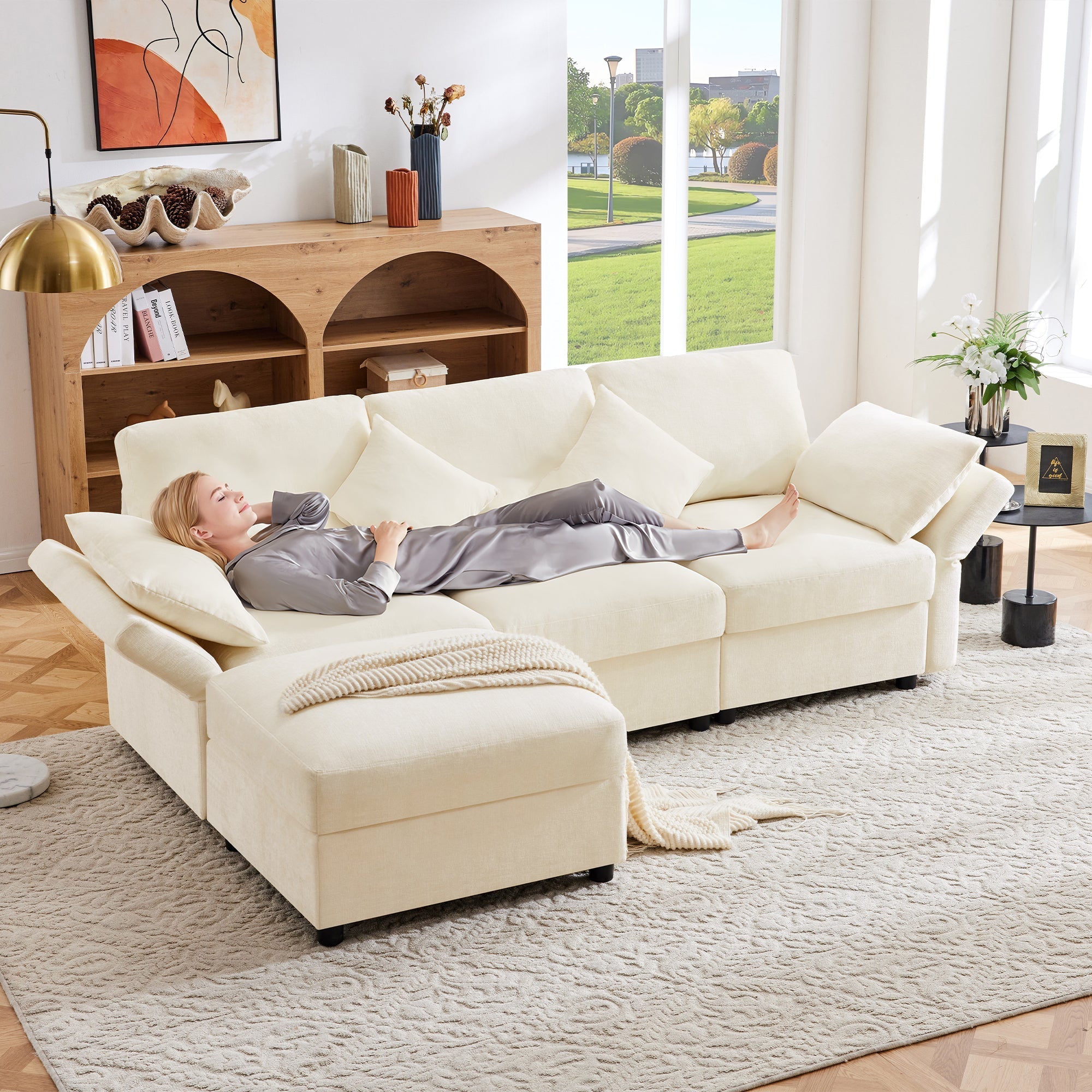 L-shaped Corner Sofa Bed with Footstool, Convertible 3-Seater, 4 Cushions, Adjustable Armrests, Beige Chenille