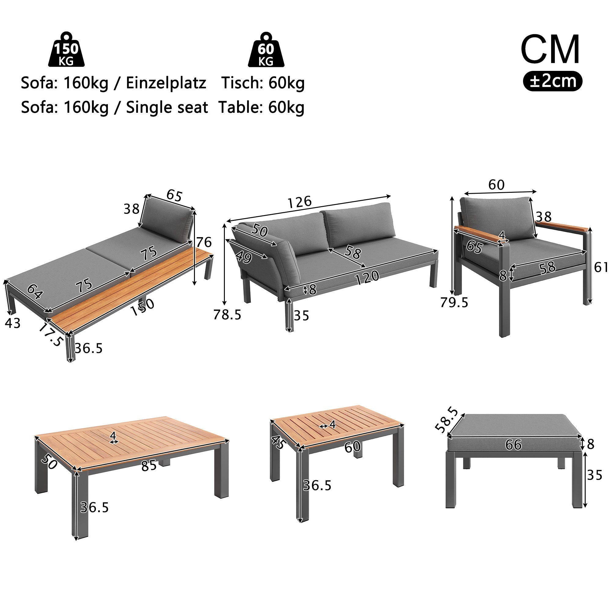 Modular Outdoor Seating Set with Metal Frame and Wooden Tables, Grey