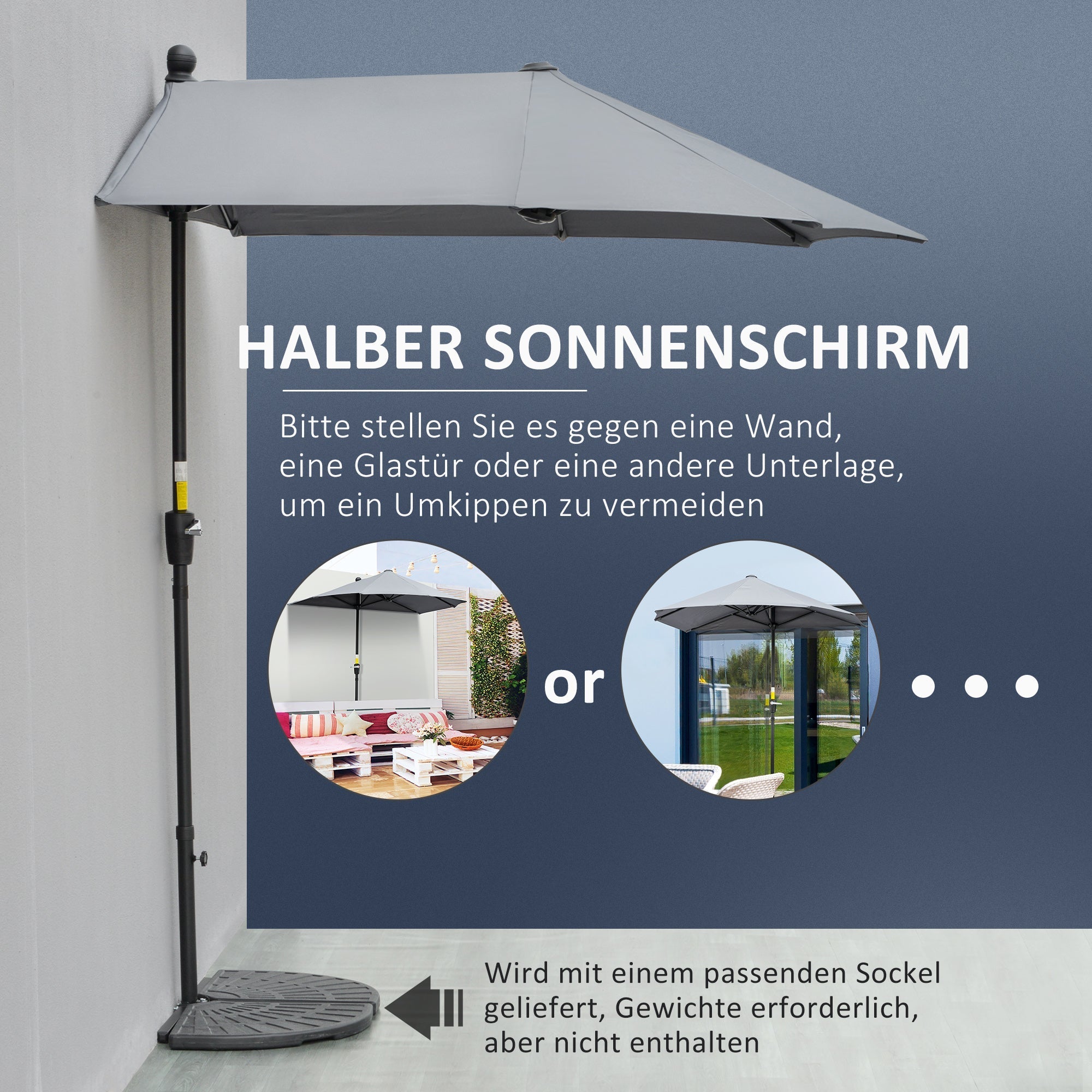 Semi-circular Parasol with Stand, Waterproof 2x2m for Garden/Patio/Balcony, 100% Polyester Dark Grey