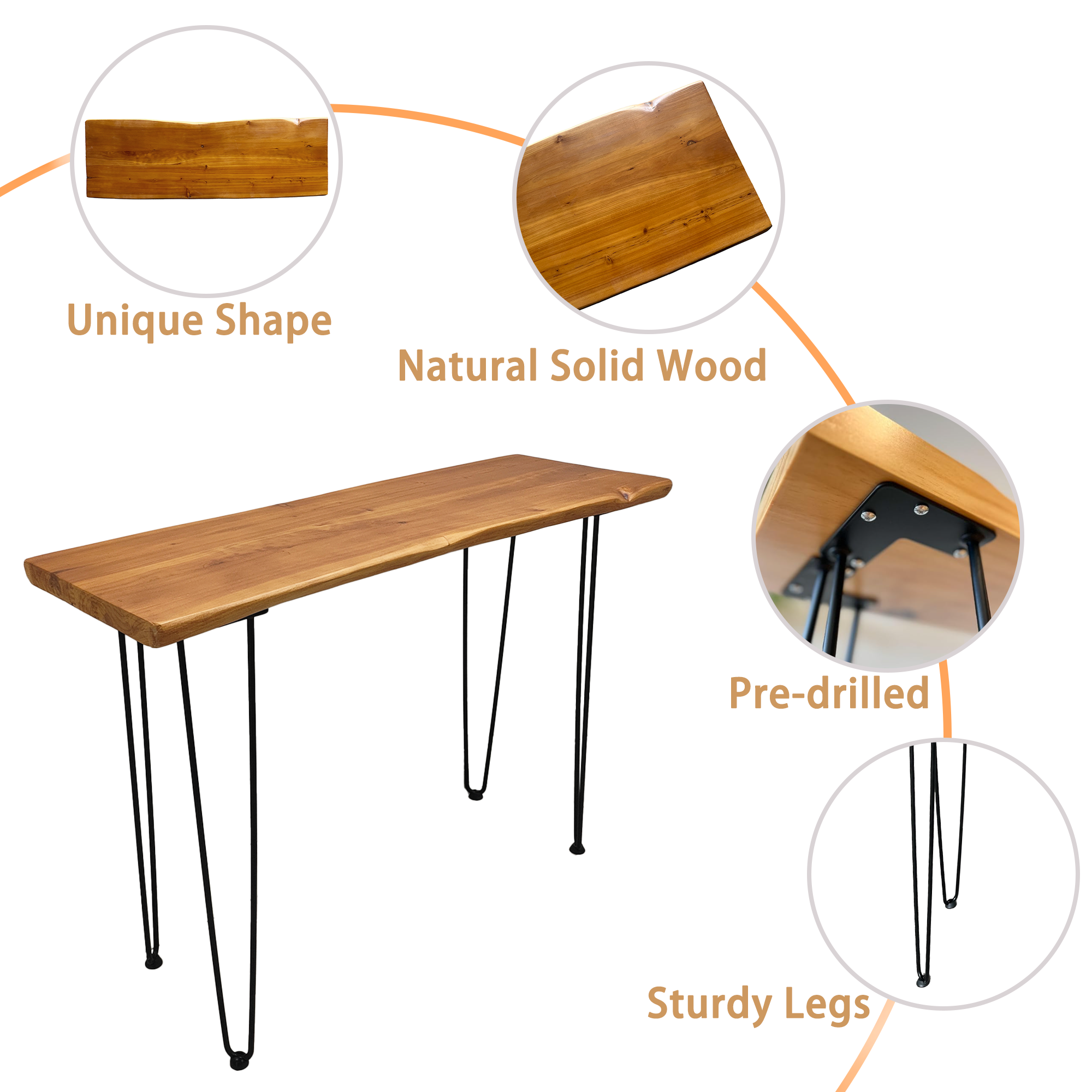Coffee Table, 108 cm Rectangular Industrial Design with Hairpin Metal Legs, Solid Wood