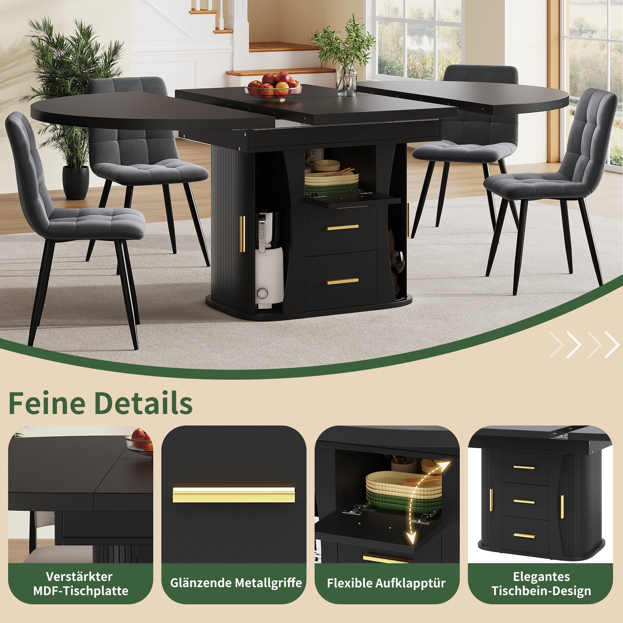 Extendable Round Dining Table, Seats 6 People with Three-tier Storage, Black