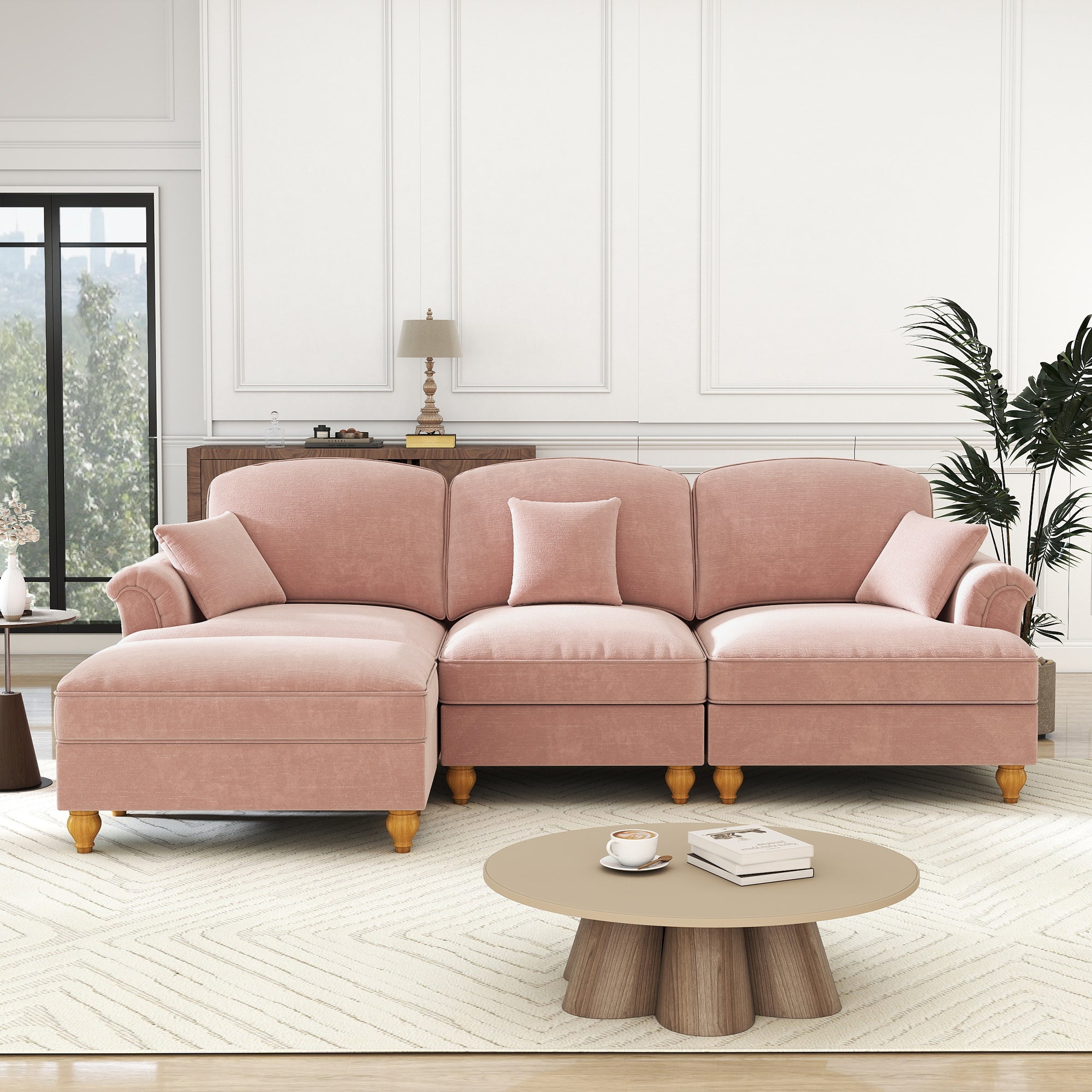 Modular Mid-Century L-Shaped 3-Seater Sofa with Ottoman - Pink Chenille