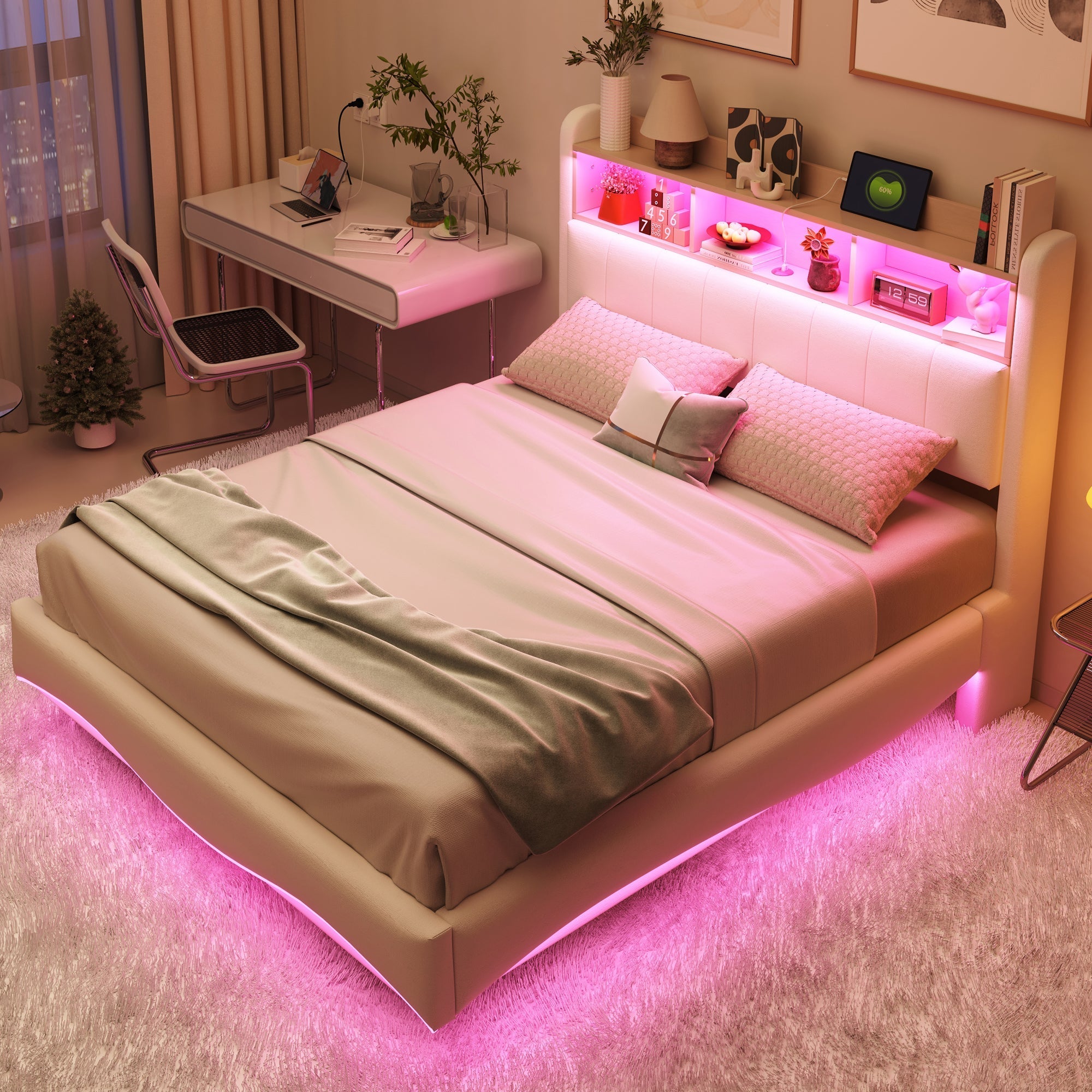 Suspended Design Upholstered Bed 140*200, Multifunctional Storage with LED, USB & Type-C, Linen Fabric Beige