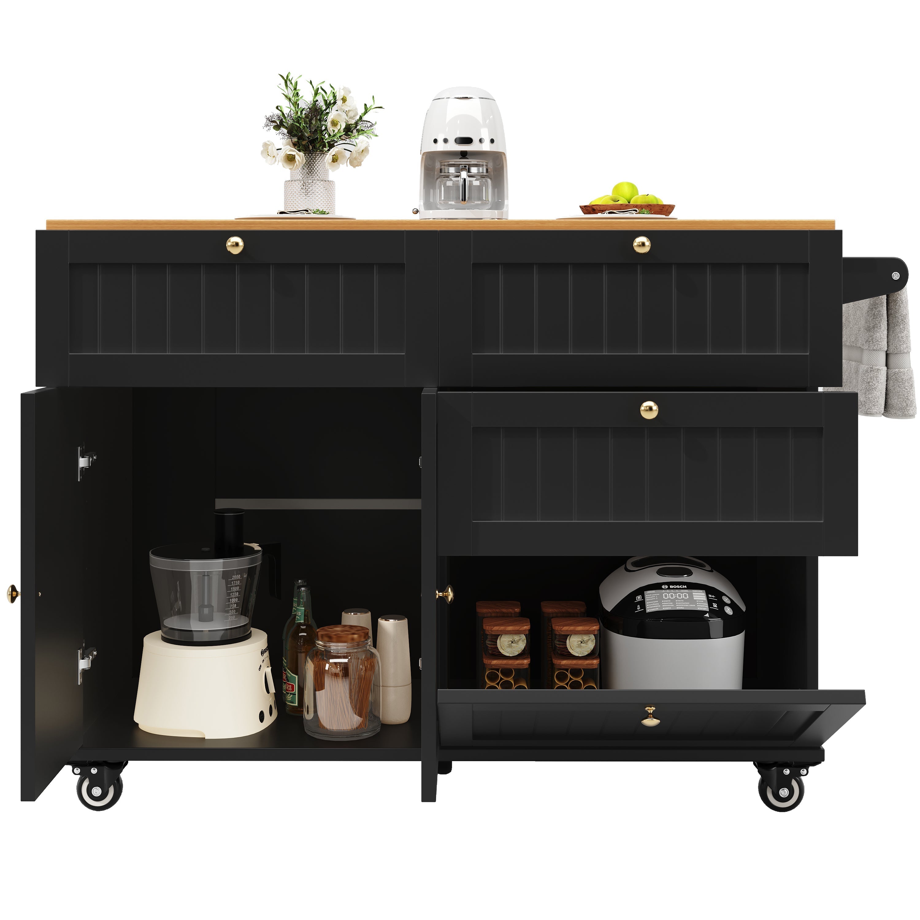 Modern Kitchen Island Dining Table Multifunctional with Storage Wood Grain Black