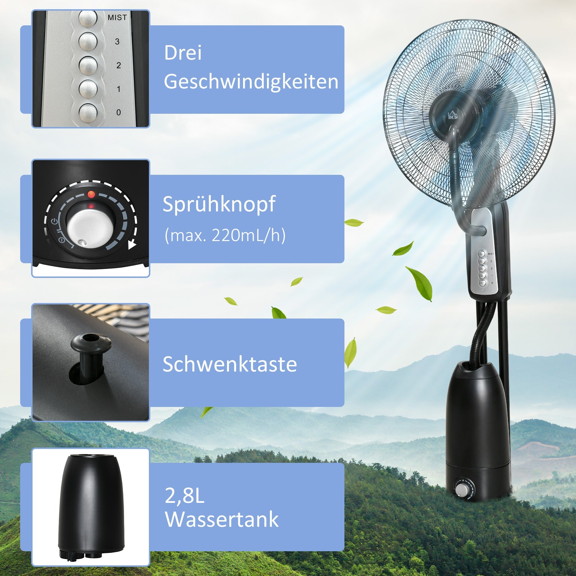 Pedestal Fan 2.8L Water Atomizer Mist Function 120cm Height, Metal