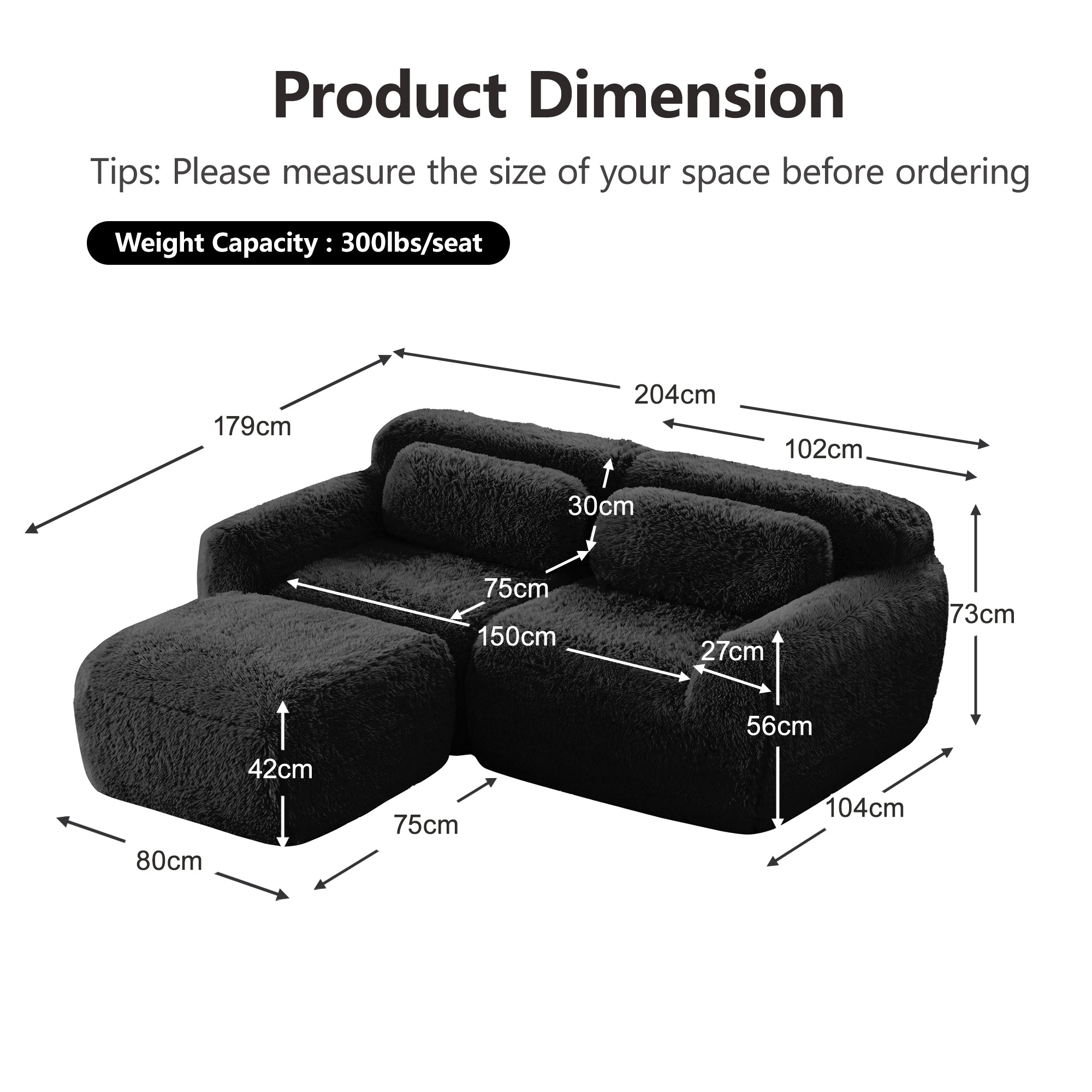 L-shaped 2-seater Sofa Modular Plush Fabric with Cushions - Black