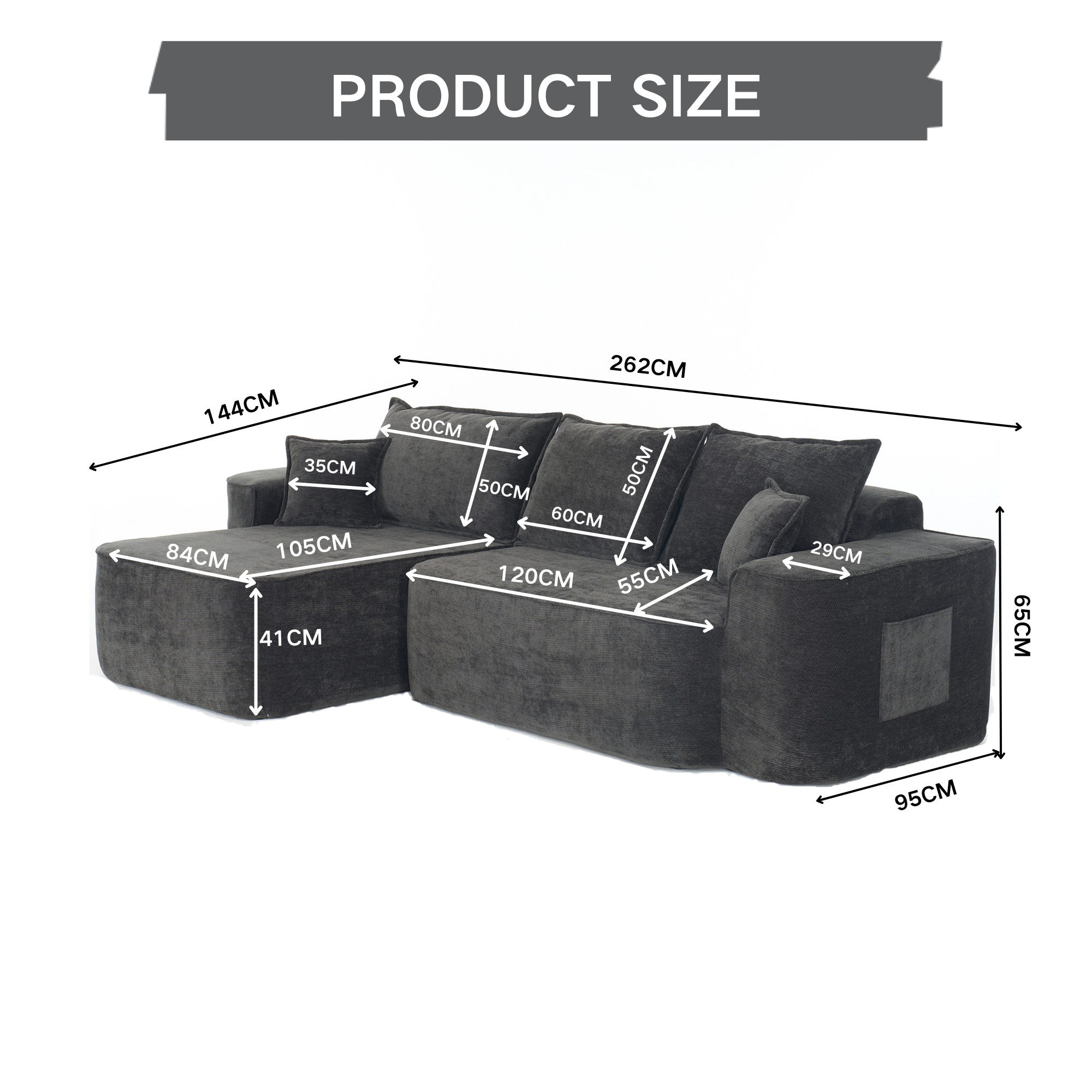 Cloud Sofa L-Shaped Corner Sofa with Chaise Longue and XXL Deep Seat, Black Chenille