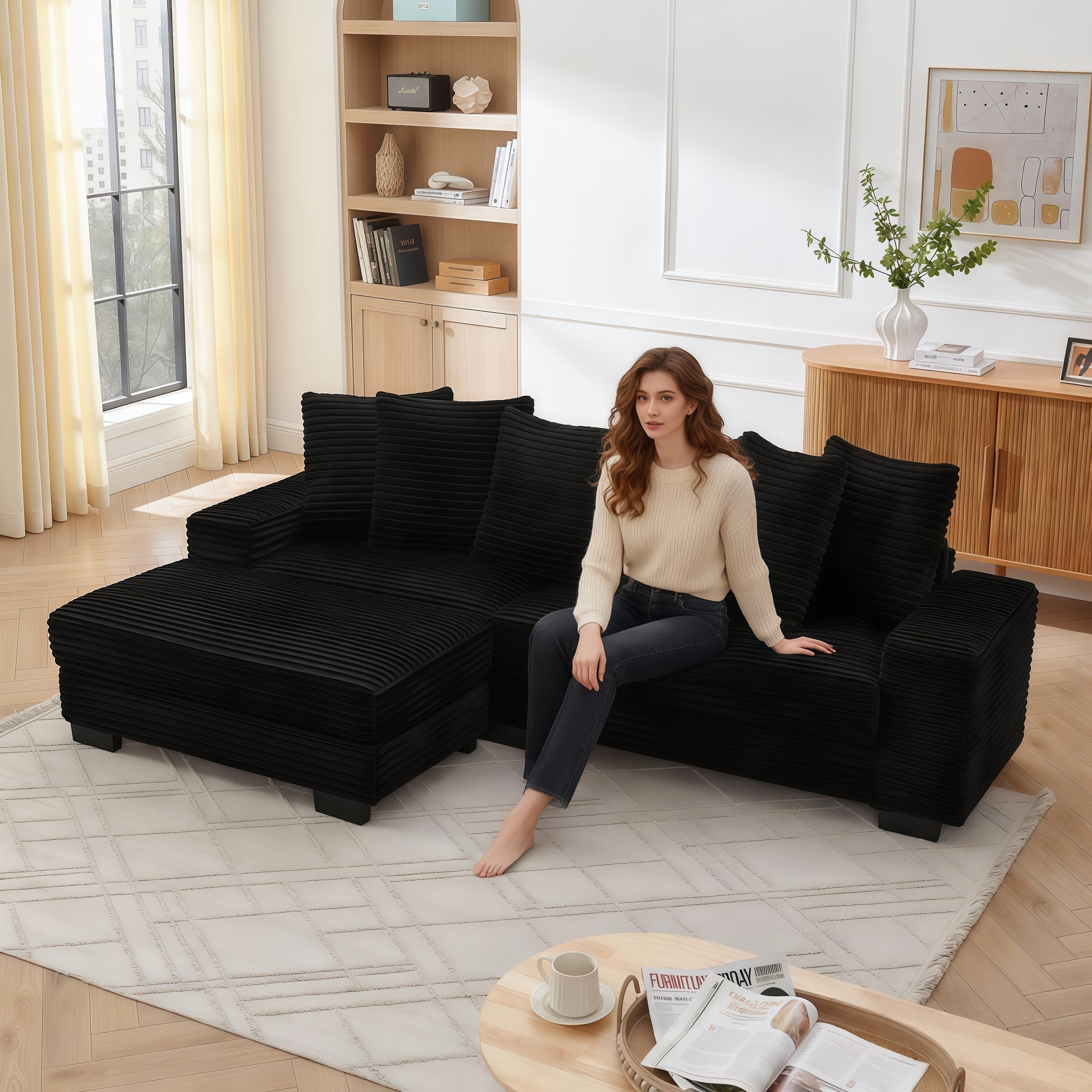 L-Shaped Corner Sofa 4-Seater Modular with 6 Cushions Corduroy Black