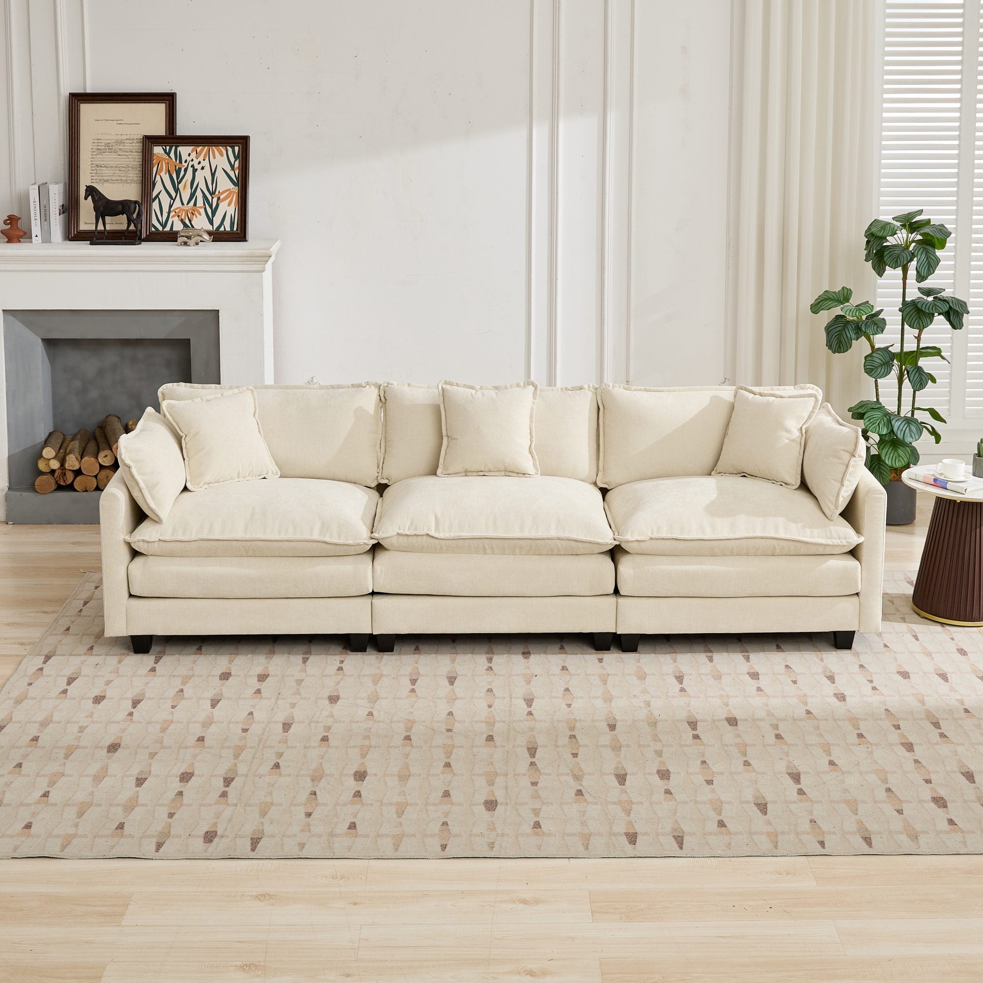 Cloud Sofa, 3 Seater Modern Sectional with Upholstered Seat Cushion, Beige Chenille Fabric