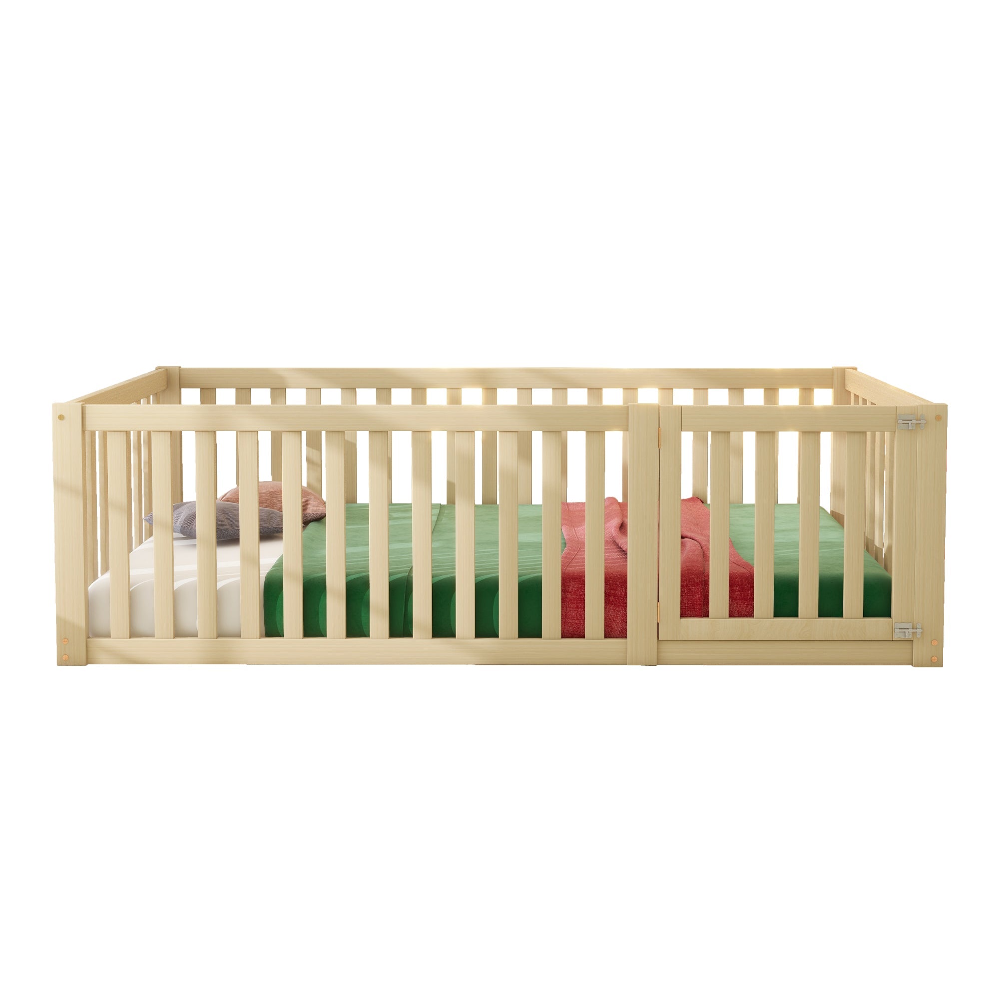 Children's bed 90 x 200, floor bed frame with fence and door, wood