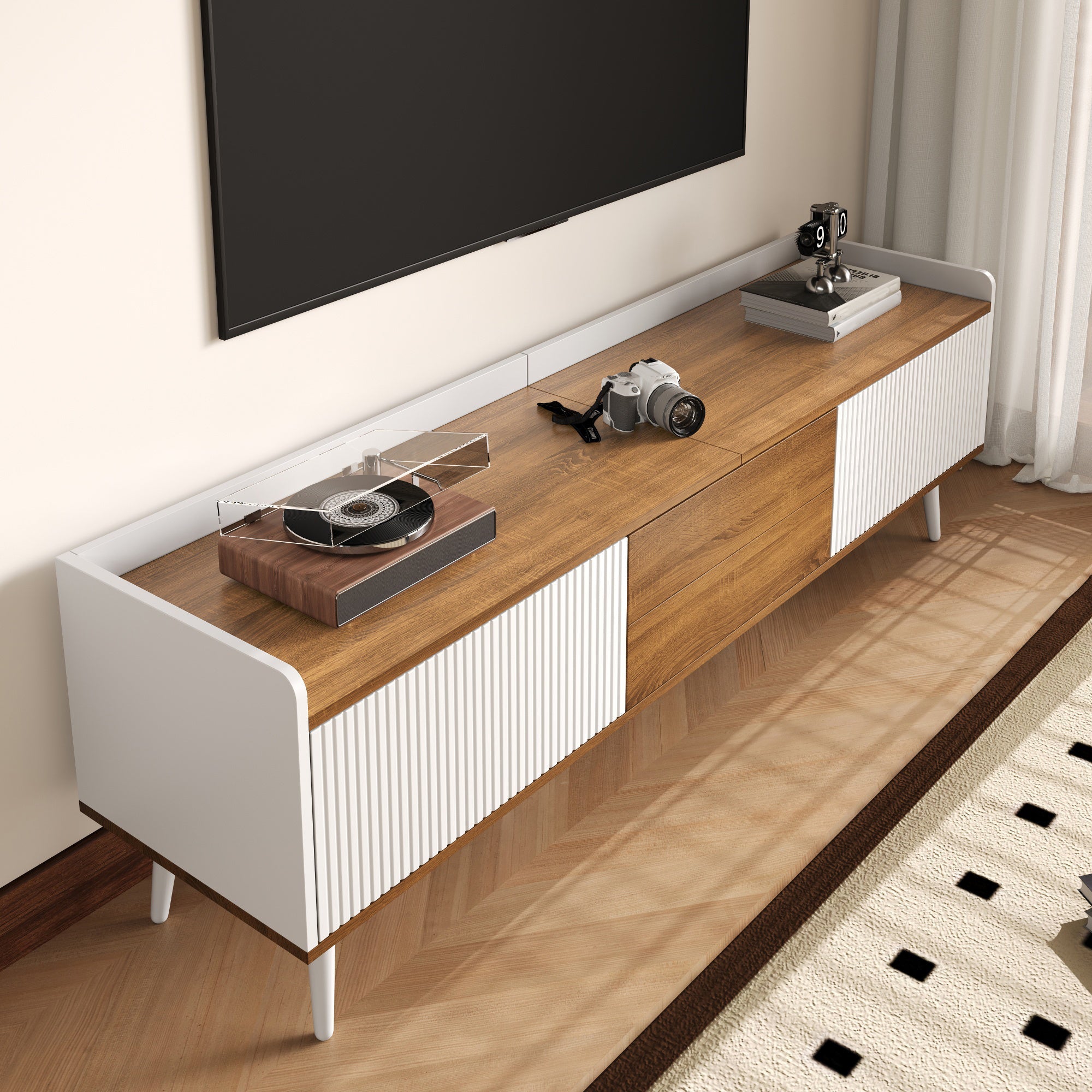 TV Cabinet, 3-Door Base, Compact Design, White and Natural Wood