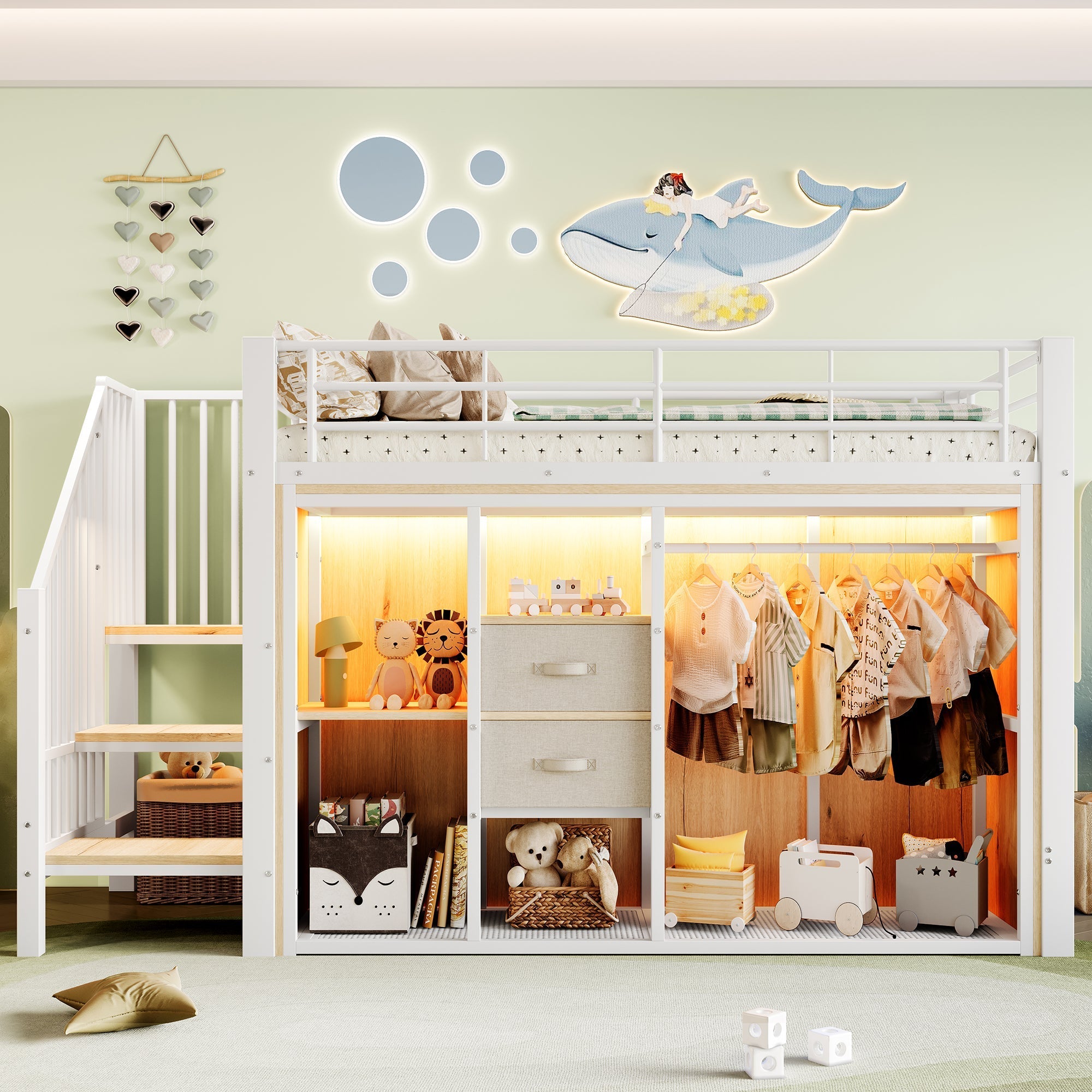 Mid-Height Bed 90x200cm 2 Drawers Open Wardrobe LED Storage - White
