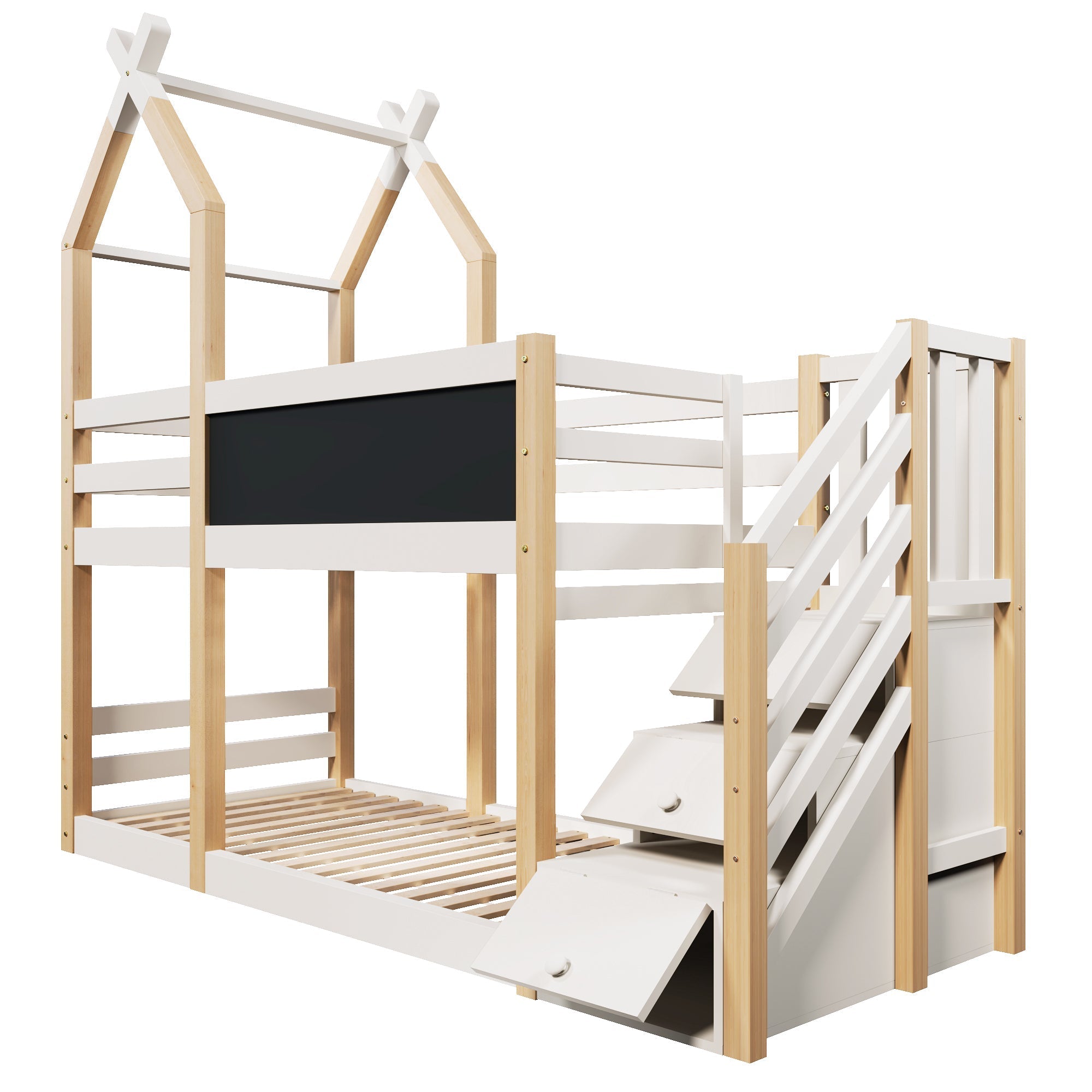 Bunk Bed 90x200, Treehouse Design with Blackboard, Storage, Fall Protection, Loft Bed for Kids, 2x Slatted Frames - Natural & White