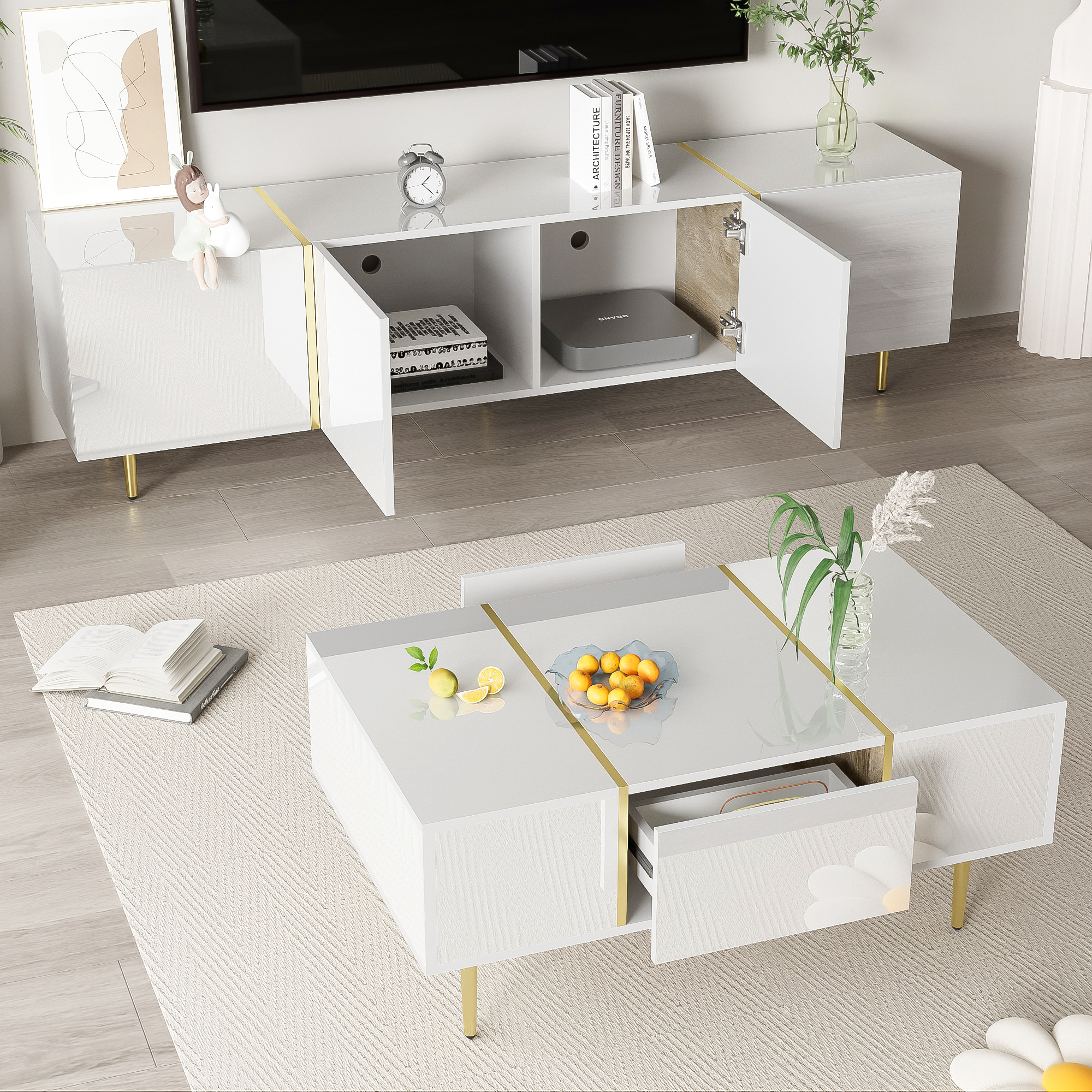 TV cabinet and coffee table set, modern high-gloss white